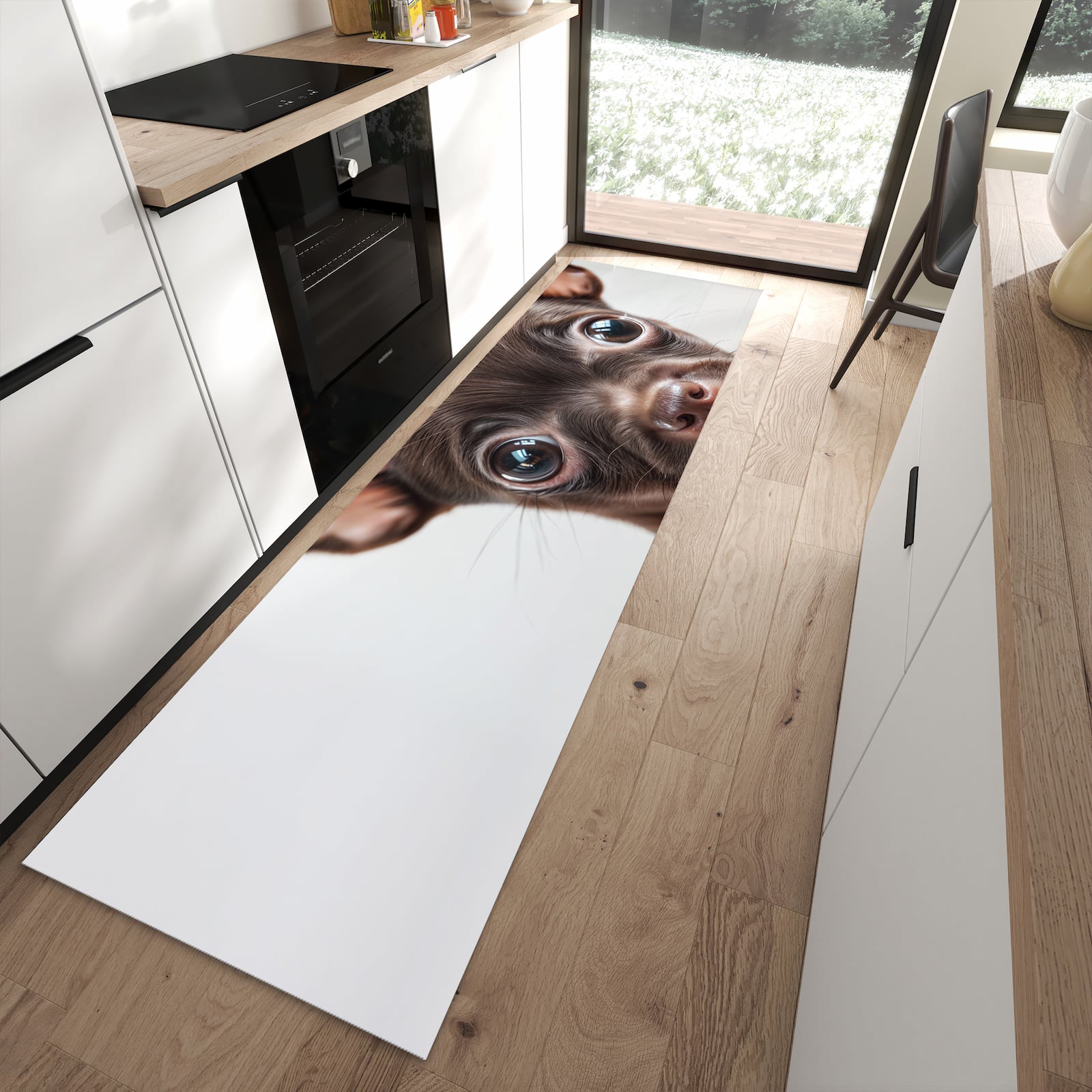 Flacher Küchenteppich mit Motiv Niedlicher Welpenblick in moderner Küche für rutschfesten Stand