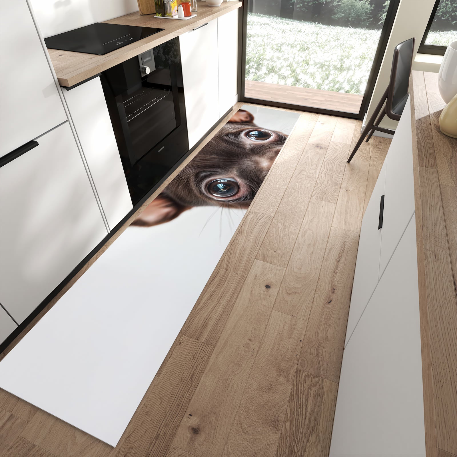 Fleckenresistenter Bodenläufer mit Motiv Niedlicher Welpenblick in moderner Küche