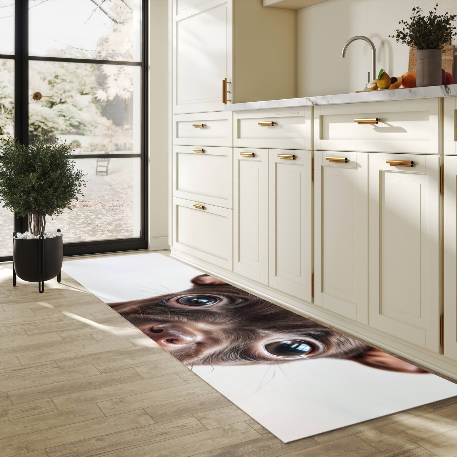 Rutschfester Läufer mit Motiv Niedlicher Welpenblick für Eingangsbereich in heller Küche