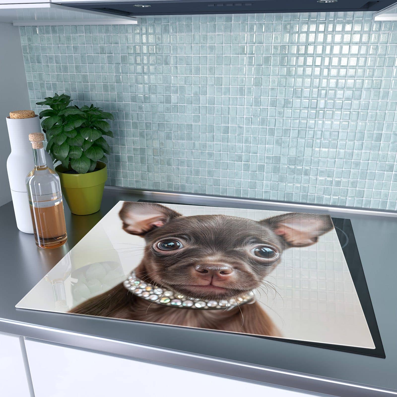 1-teilige Herdabdeckplatte für Induktion mit Niedlicher Welpenblick-Motiv auf dem Ceranfeld