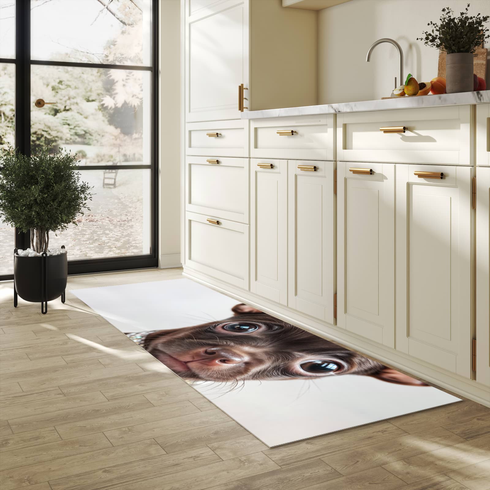 Pflegeleichter waschbarer Küchenläufer mit Motiv Niedlicher Welpenblick in heller Küche