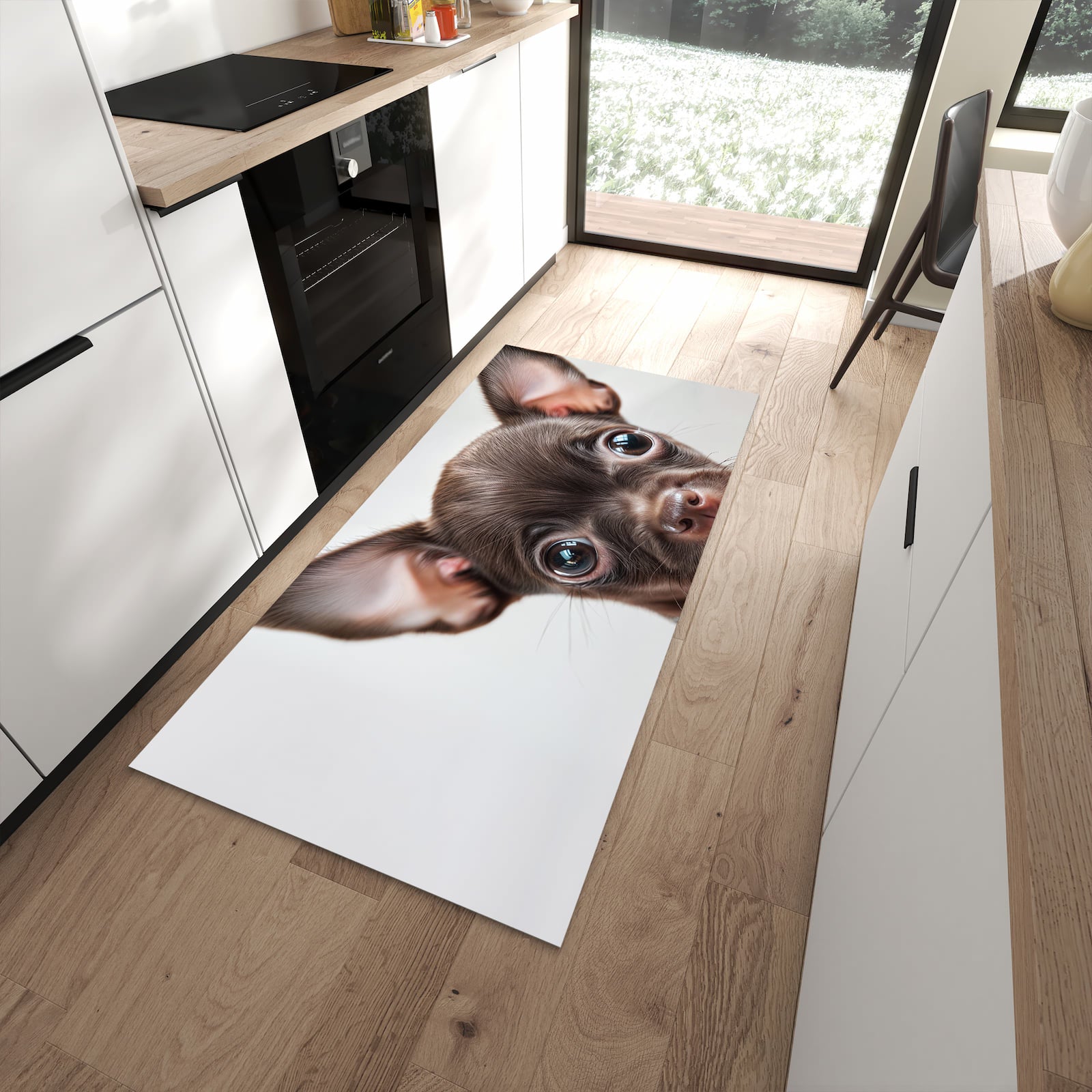 Komfortabler waschbarer Küchenteppich mit Motiv Niedlicher Welpenblick in moderner Küche