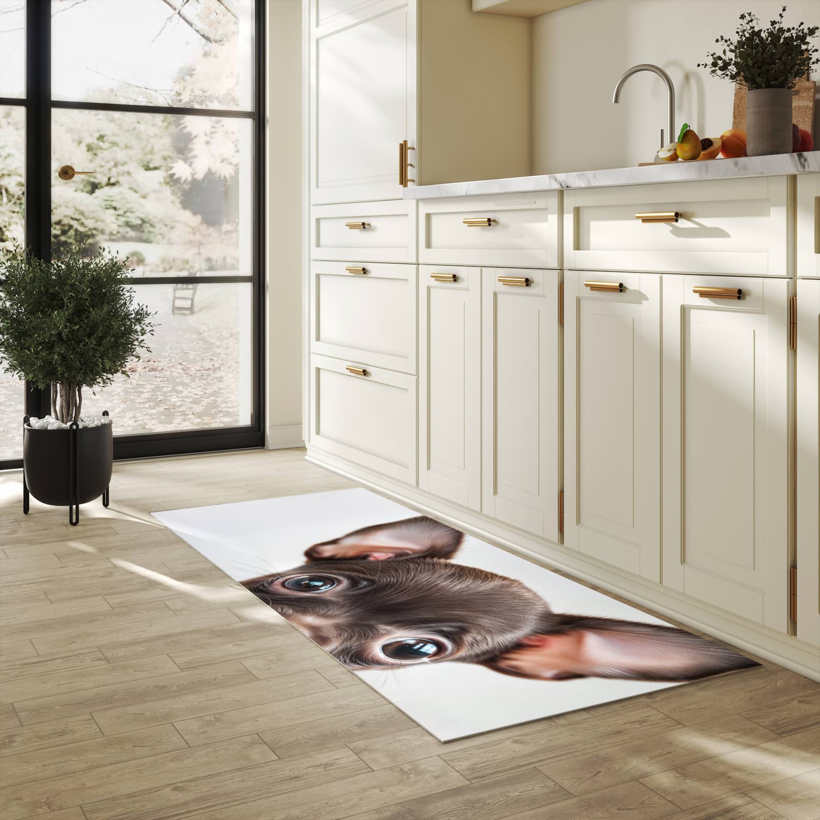 Flacher waschbarer Läufer für die Küche mit Motiv Niedlicher Welpenblick in heller Küche