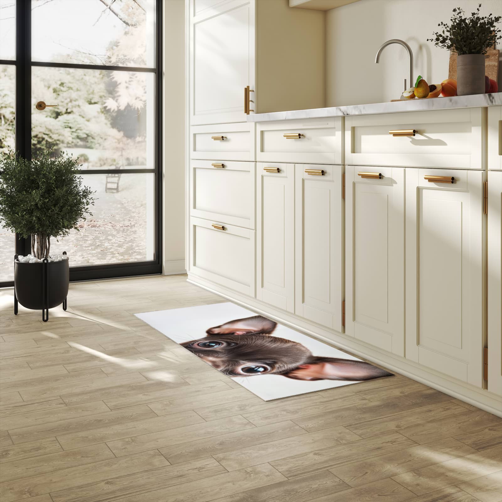 Küchenteppich mit Motiv Niedlicher Welpenblick für Trittkomfort in heller Küche