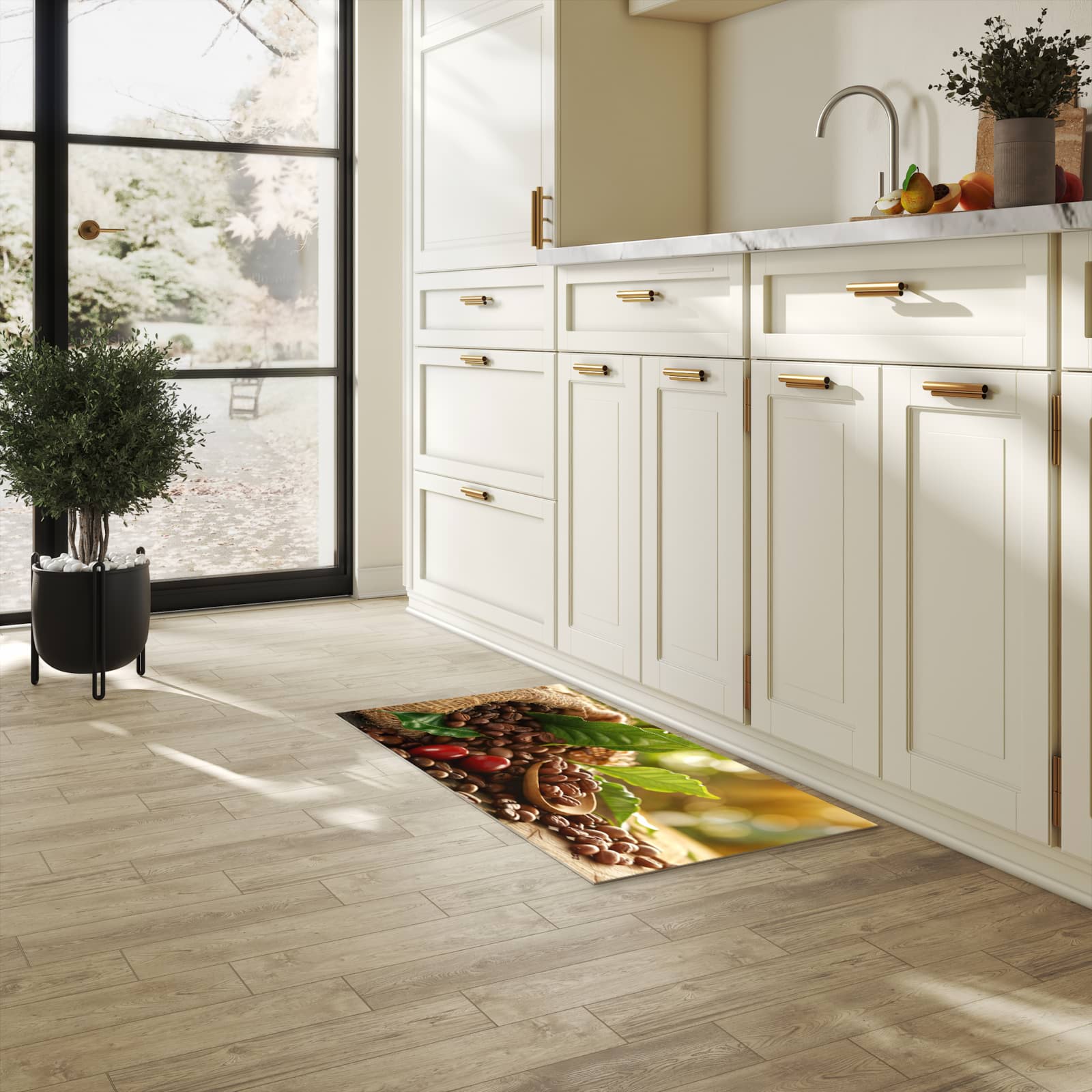 Langlebiger, waschbarer Küchenläufer mit Motiv Kaffeebohnen in heller Küche