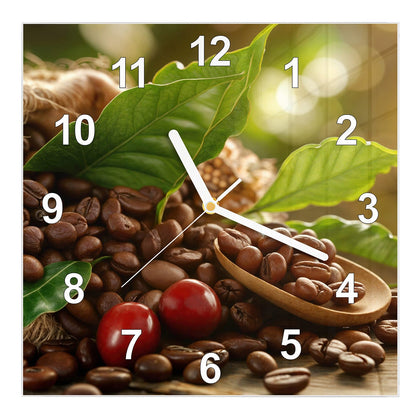 Wanduhr Quadratisch mit dem Motiv Rote Kaffeekirschen