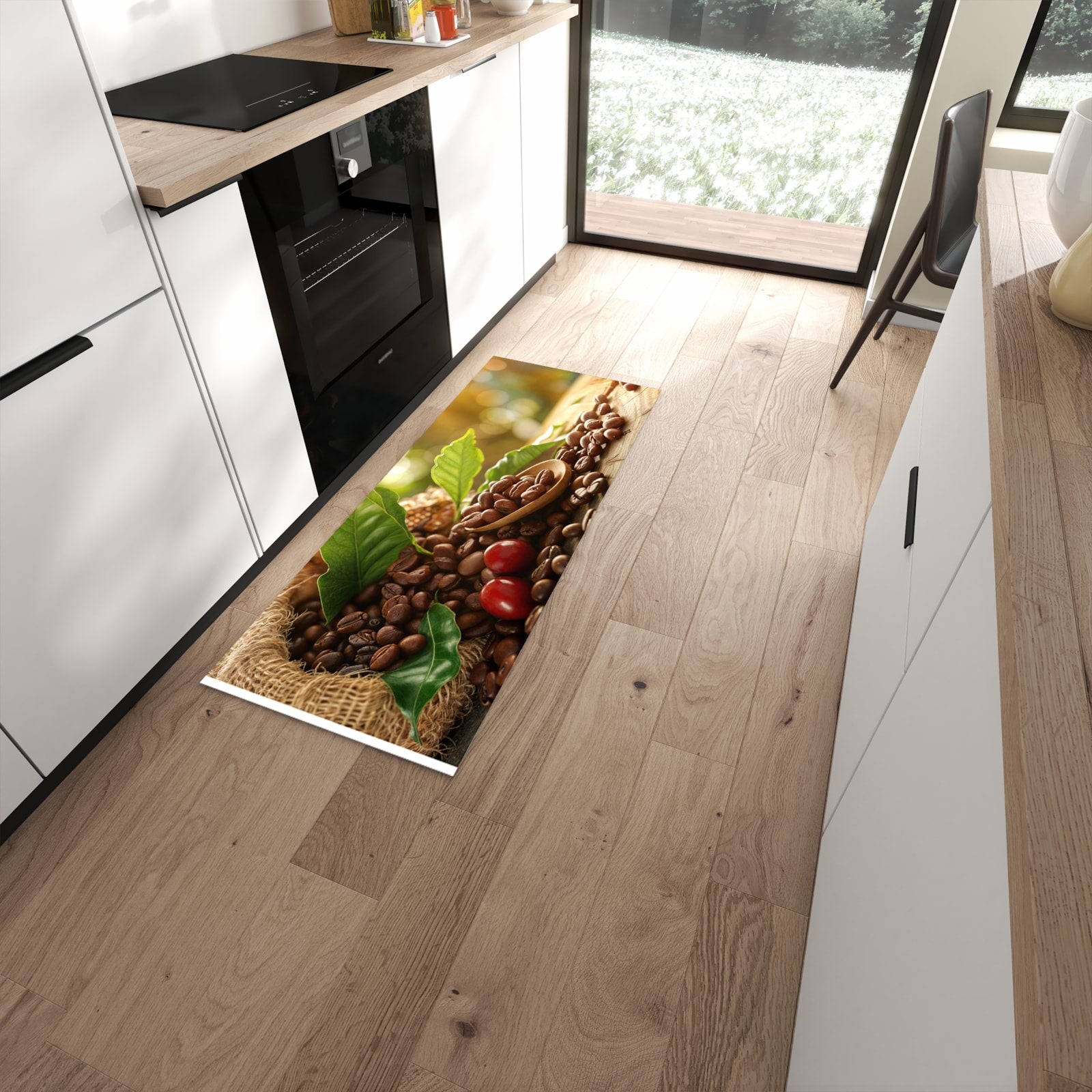 Strapazierfähiger Küchenvorleger mit Motiv Kaffeebohnen in moderner Küche #grösse_60 x 150 cm