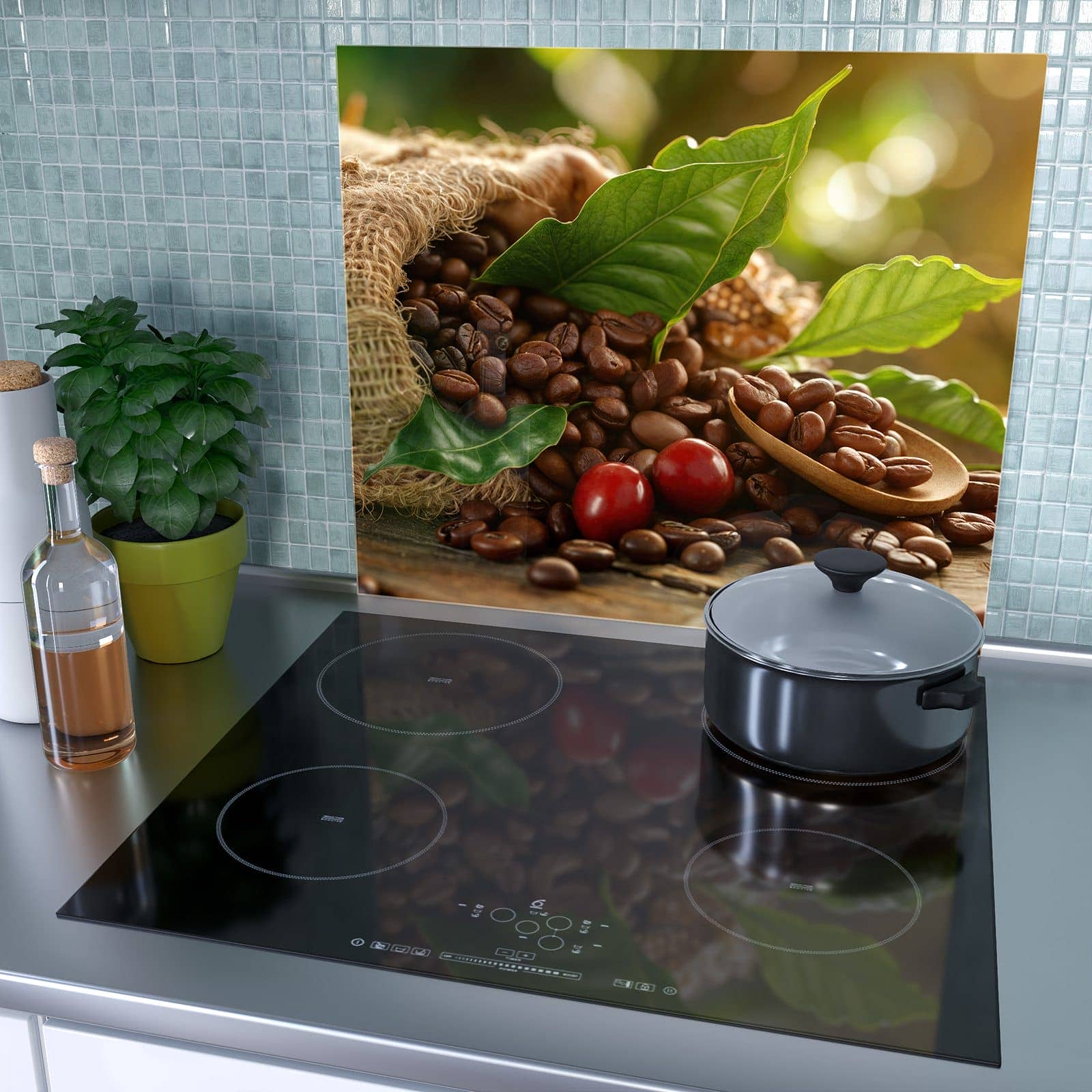 1-teilige Herdabdeckplatte mit Kaffeebohnen-Motiv als Spritzschutz hinter dem Kochfeld