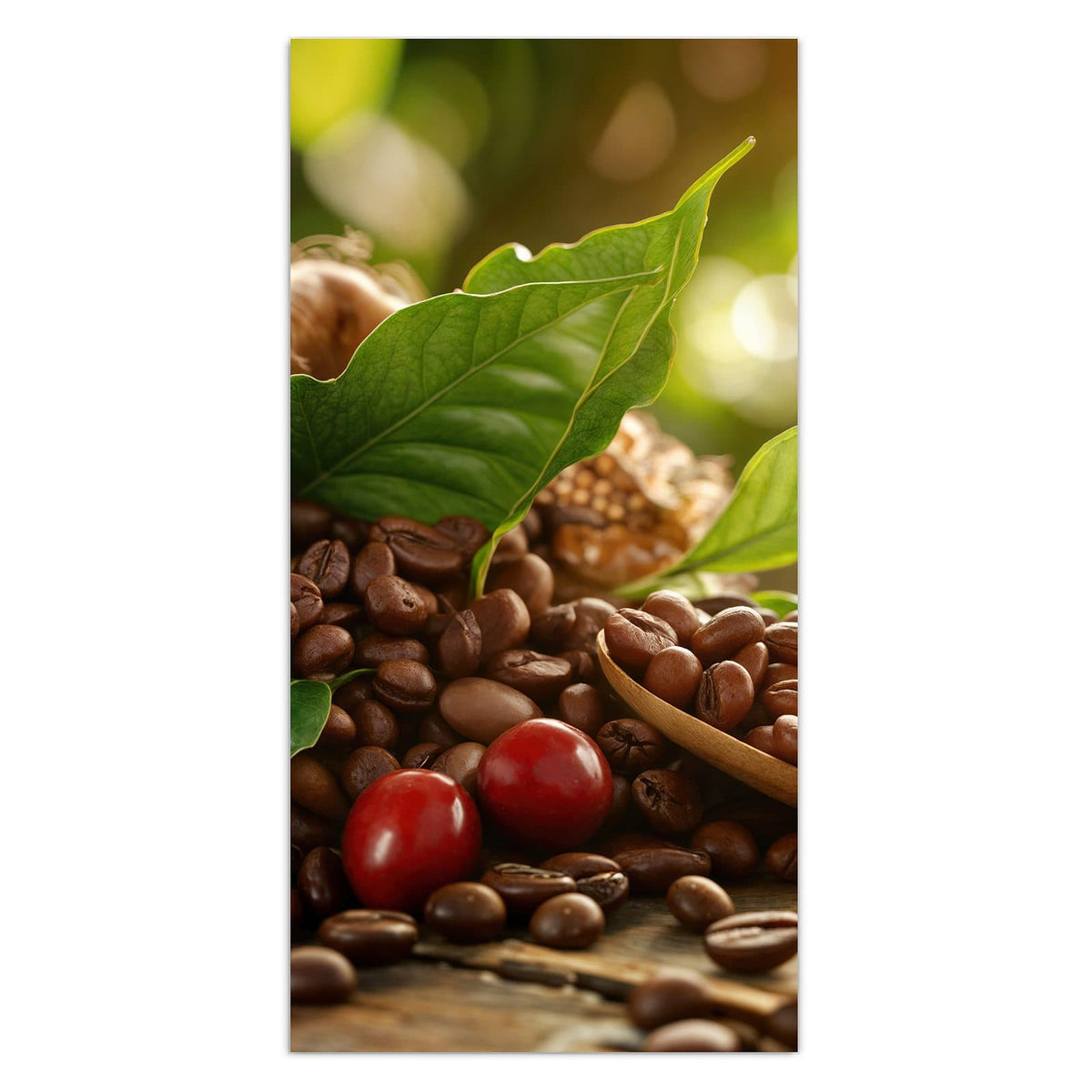Kaffeebohnen mit grünen Blättern, Jutesack und zwei roten Kaffeekirschen