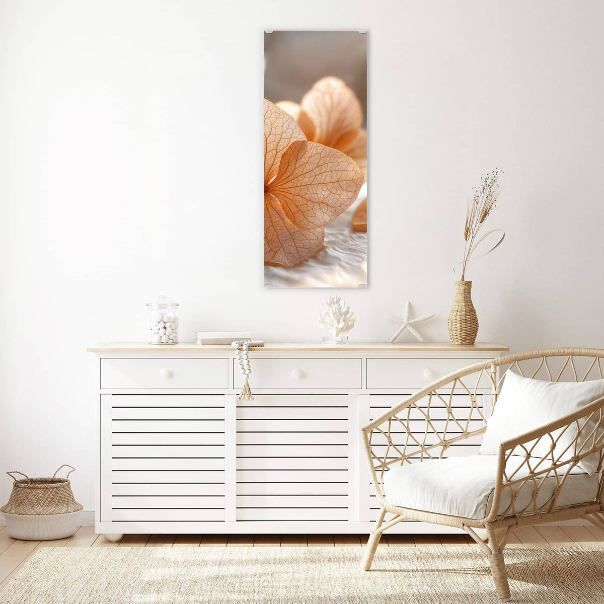 Wandbild - Hortensie in Apricot - Hochformat – Apricotfarbene Hortensienblüten