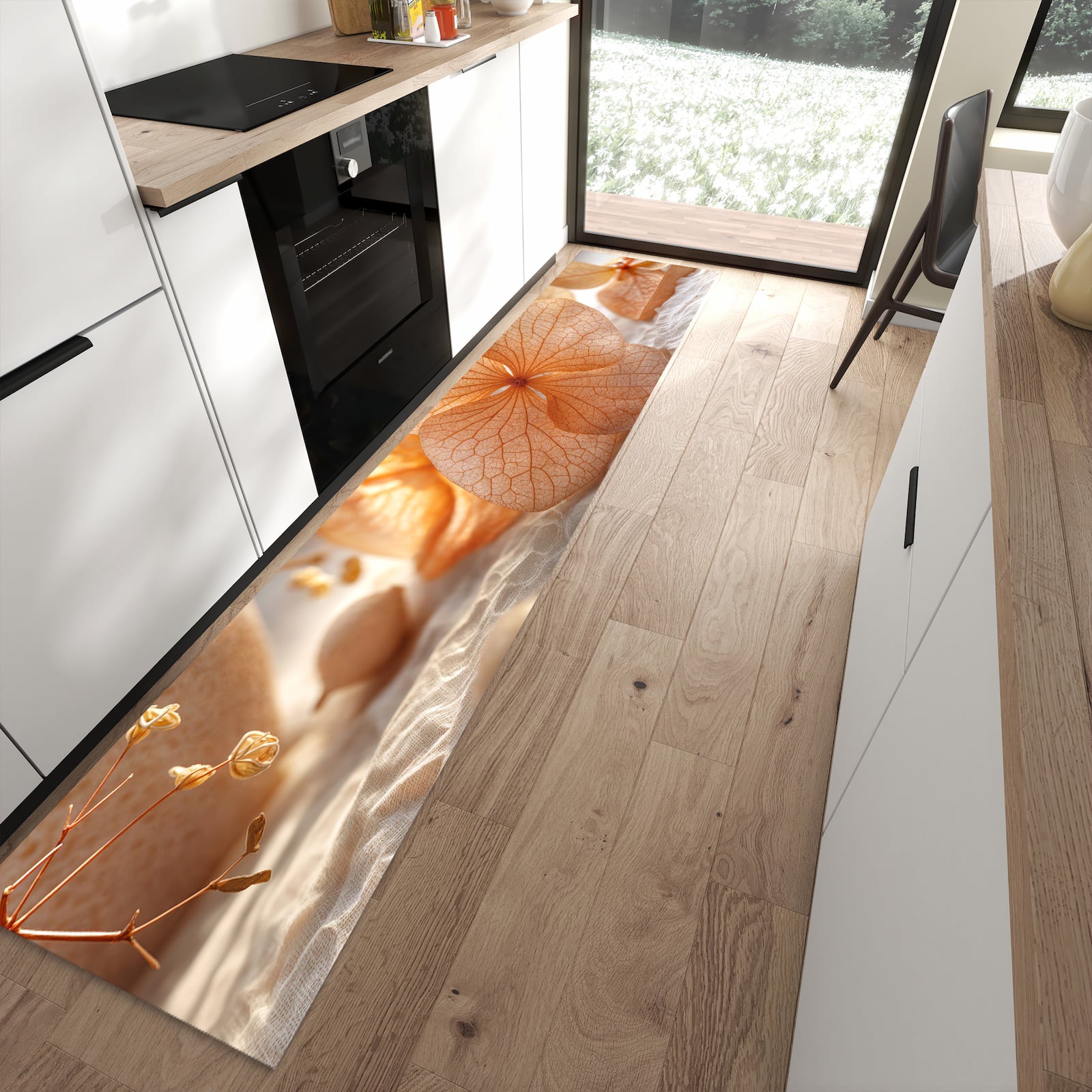 Geruchsneutraler Küchenteppich mit Motiv Blumenarrangement in moderner Küche