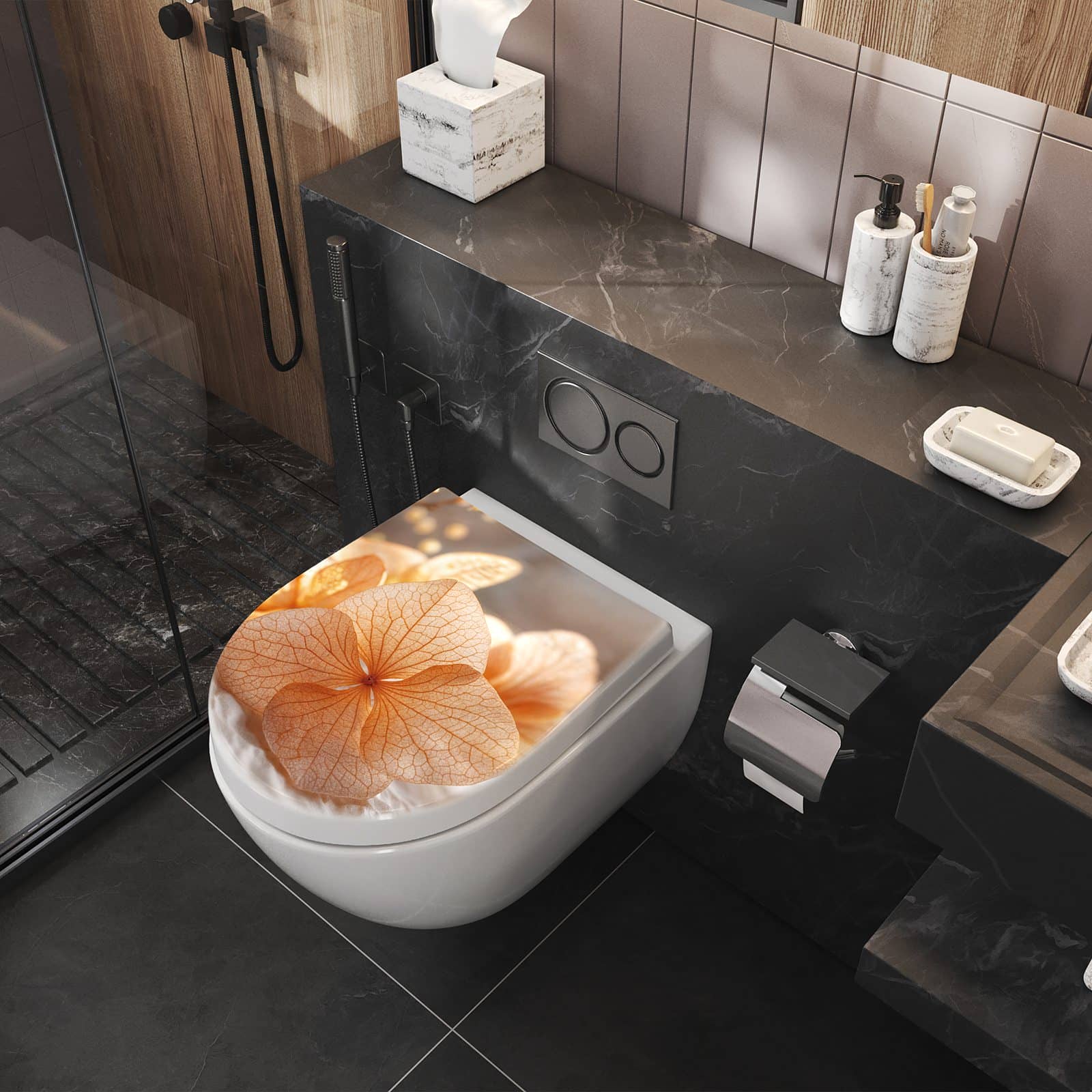 WC-Sitz mit Absenkautomatik Blumenarrangement