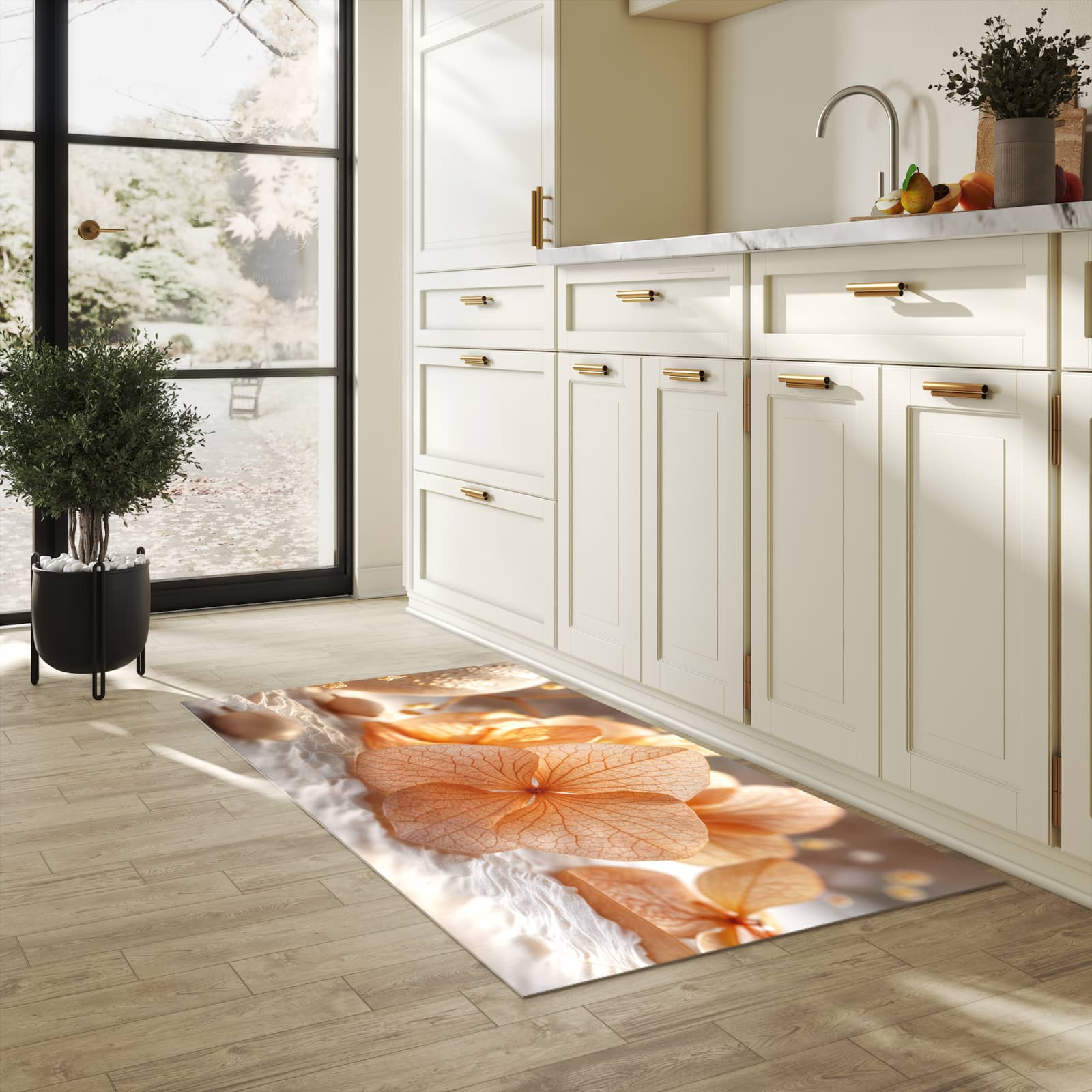 Schmutzabweisender moderner Küchenläufer mit Motiv Blumenarrangement in heller Küche