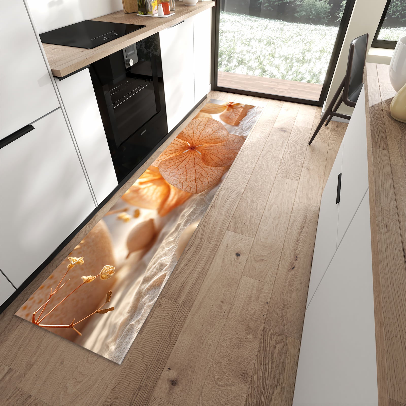 Schmutzabweisender Küchenteppich mit Motiv Blumenarrangement in moderner Küche