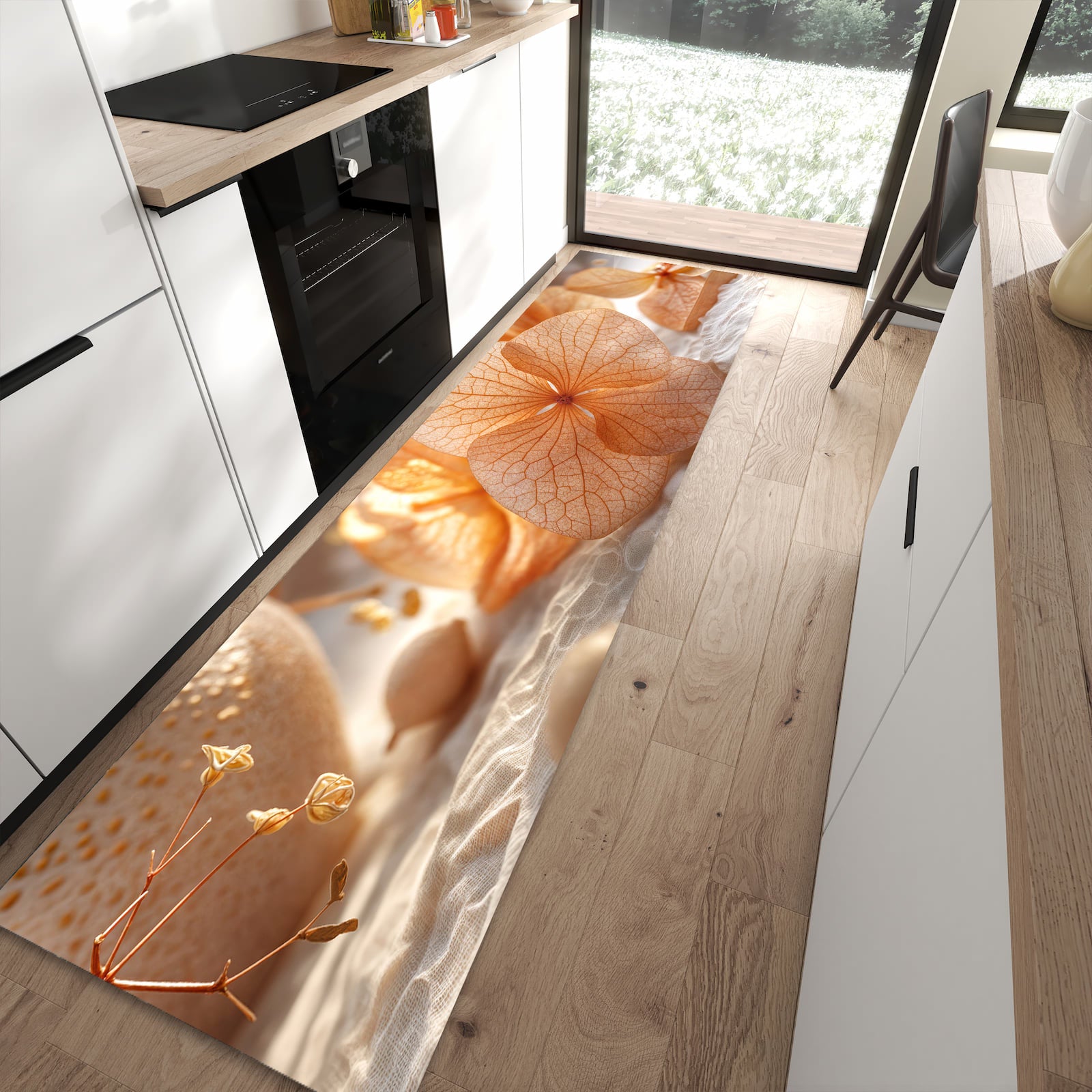 Rutschfester Küchenläufer mit Motiv Blumenarrangement in moderner Küche