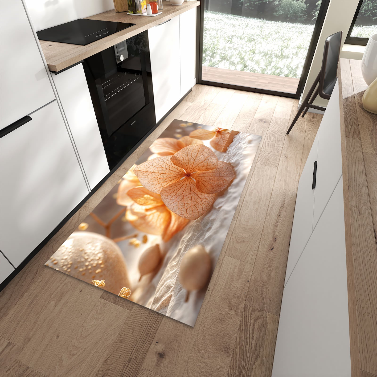 Pflegeleichter Küchenläufer mit Motiv Blumenarrangement in moderner Küche