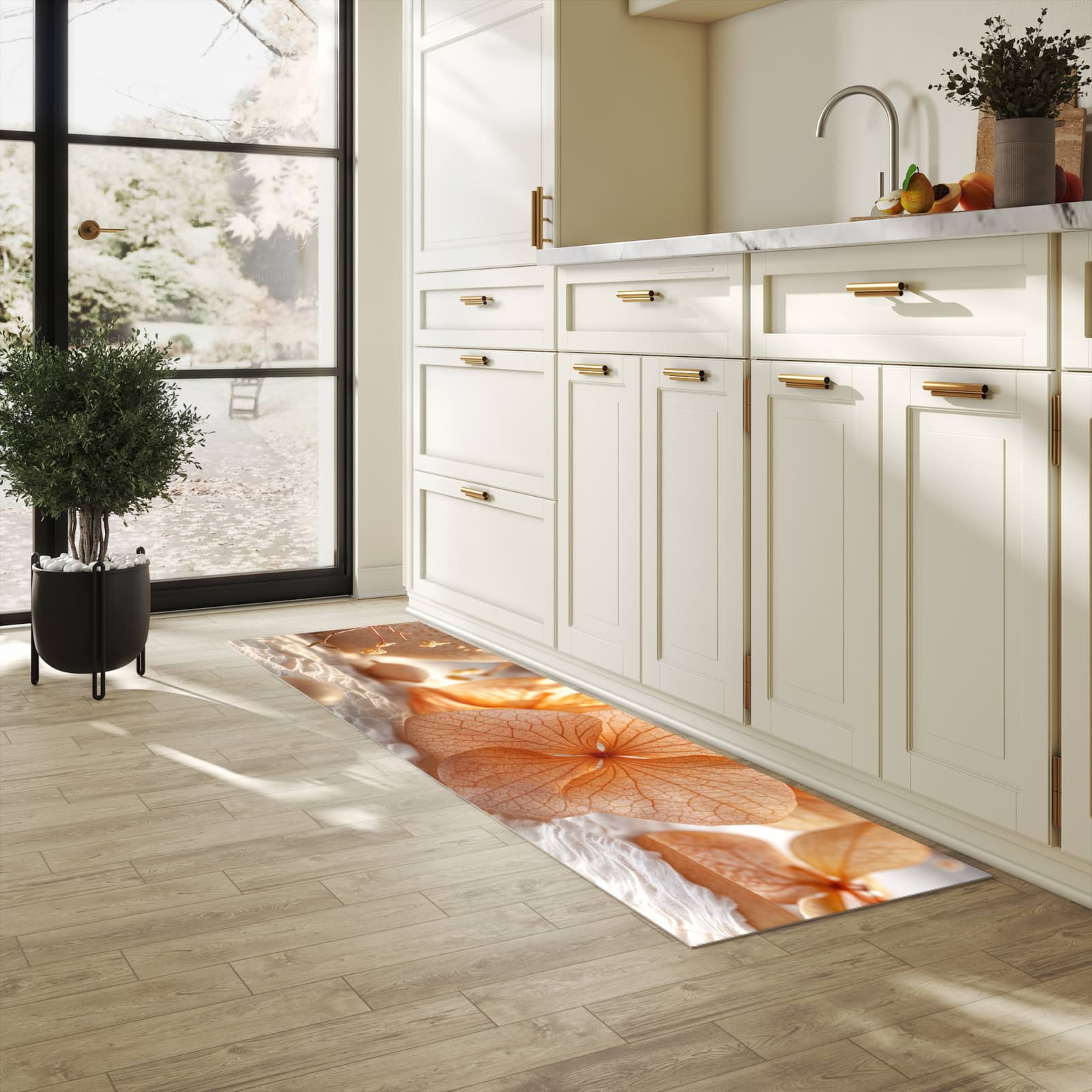 Küchenteppich mit Motiv Blumenarrangement in heller Küche für sichere Aufbewahrung