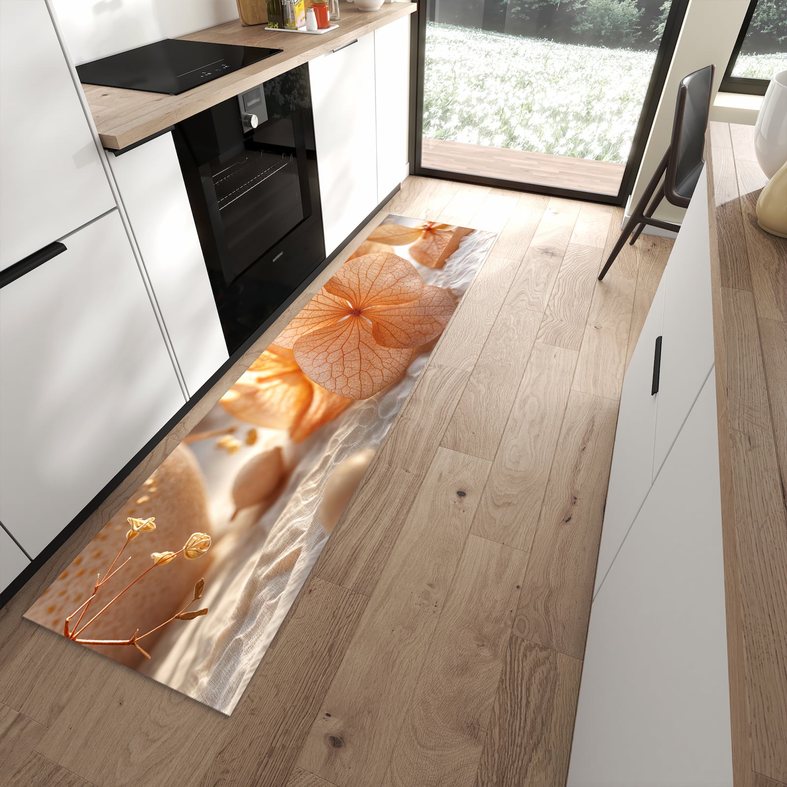 Fleckenresistenter Küchenteppich mit Motiv Blumenarrangement in moderner Küche