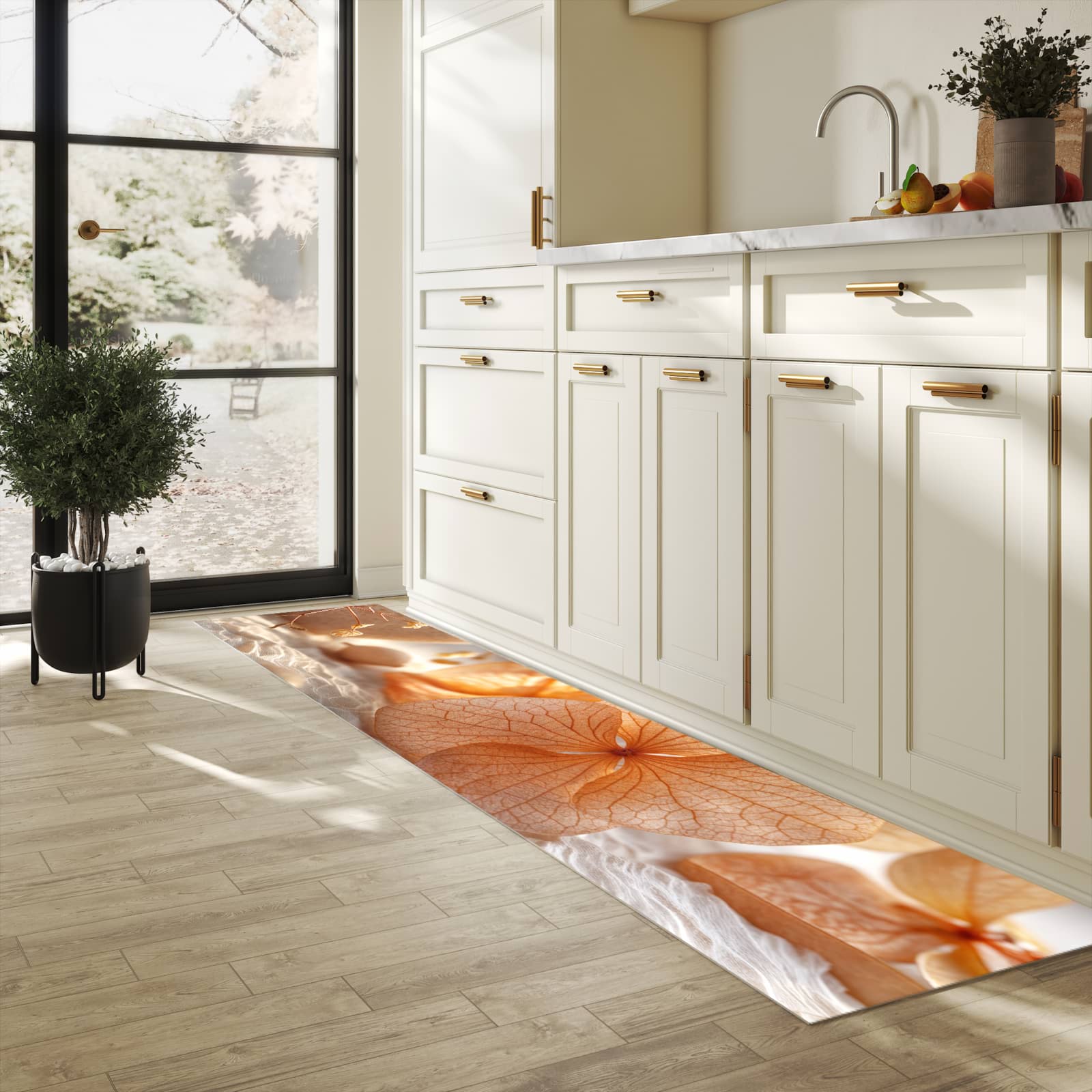 Geräuschdämpfender waschbarer Küchenläufer mit Motiv Blumenarrangement in heller Küche