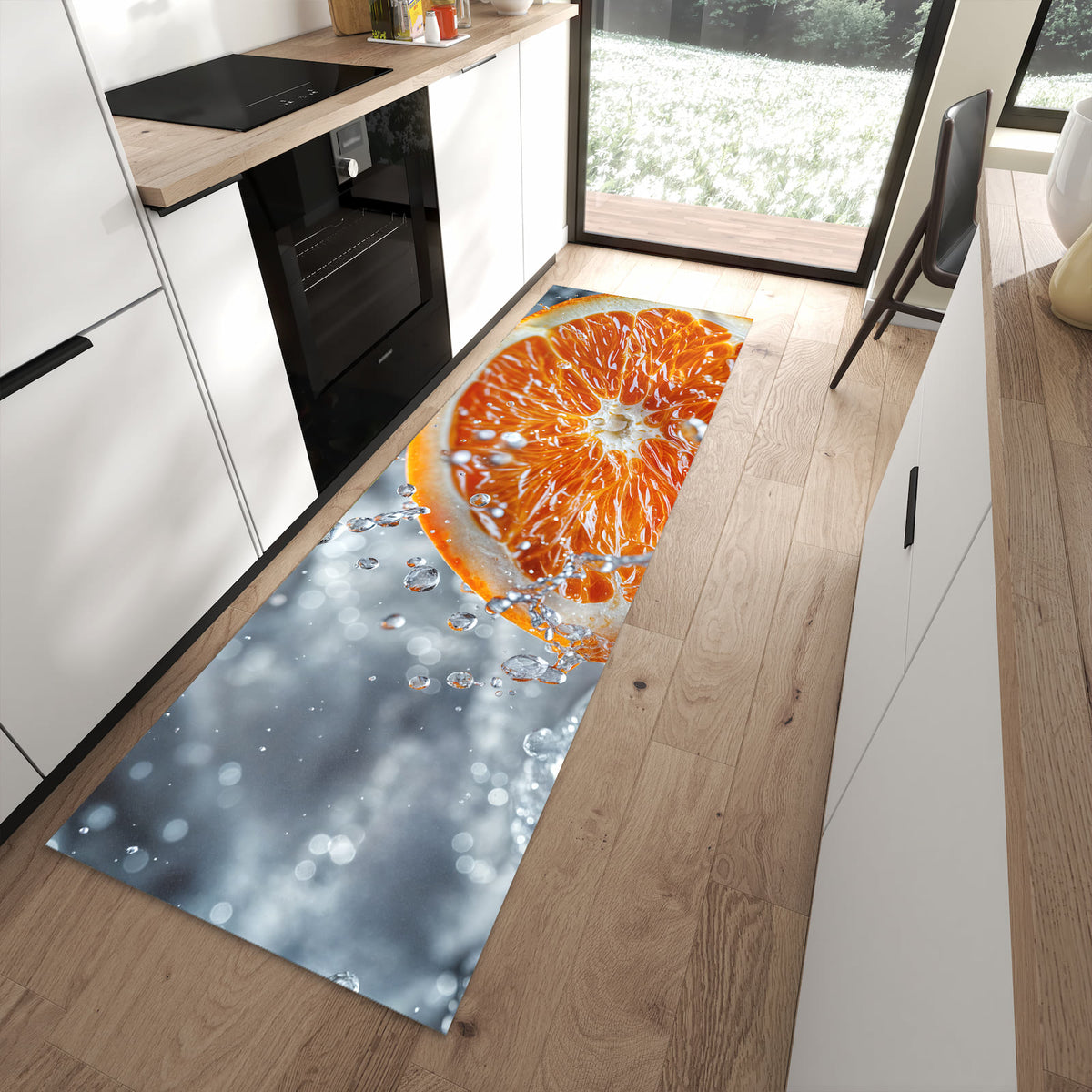 Formstabiler rutschfester Küchenläufer mit Motiv Orangenscheibe Spritz in moderner Küche