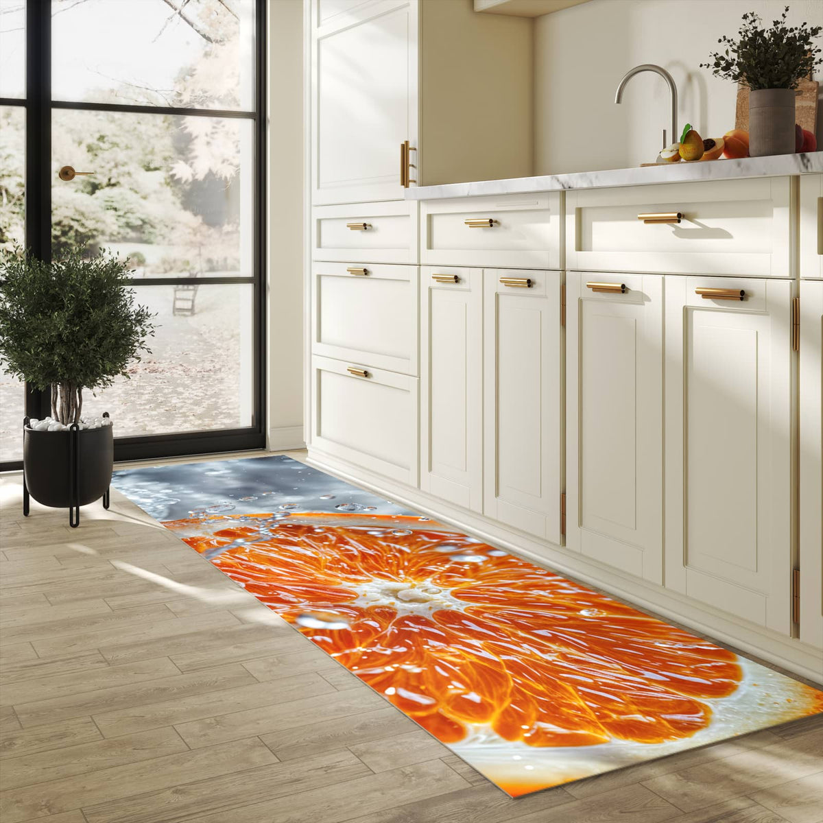 Feuchtigkeitsresistenter Küchenteppich mit Motiv Orangenscheibe Spritz in heller Küche