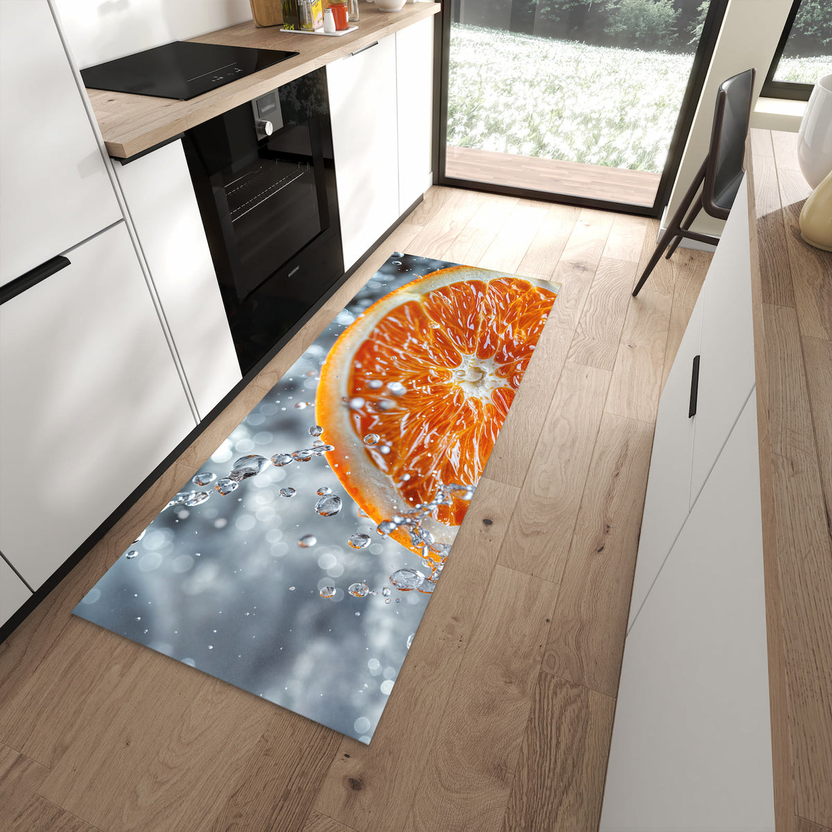 Farbbeständiger waschbarer Küchenläufer mit Motiv Orangenscheibe Spritz in moderner Küche