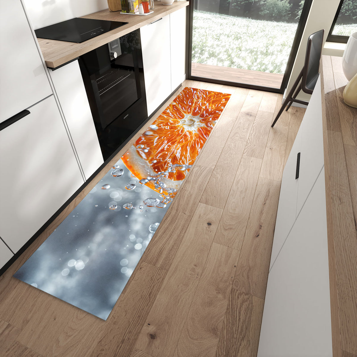 Rutschfester Küchenläufer mit Motiv Orangenscheibe Spritz schützt Böden in moderner Küche