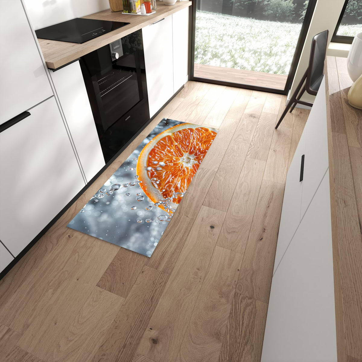 Langlebiger Küchenläufer mit Motiv Orangenscheibe Spritz in moderner Küche #grösse_60 x 150 cm
