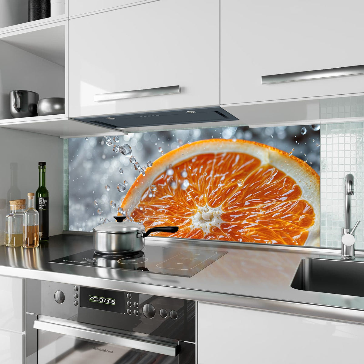 Küchenrückwand aus Glas Orangenscheibe im Wasser im Hochformat als Spritzschutz hinter dem Kochfeld, über dem Fliesenspiegel montiert