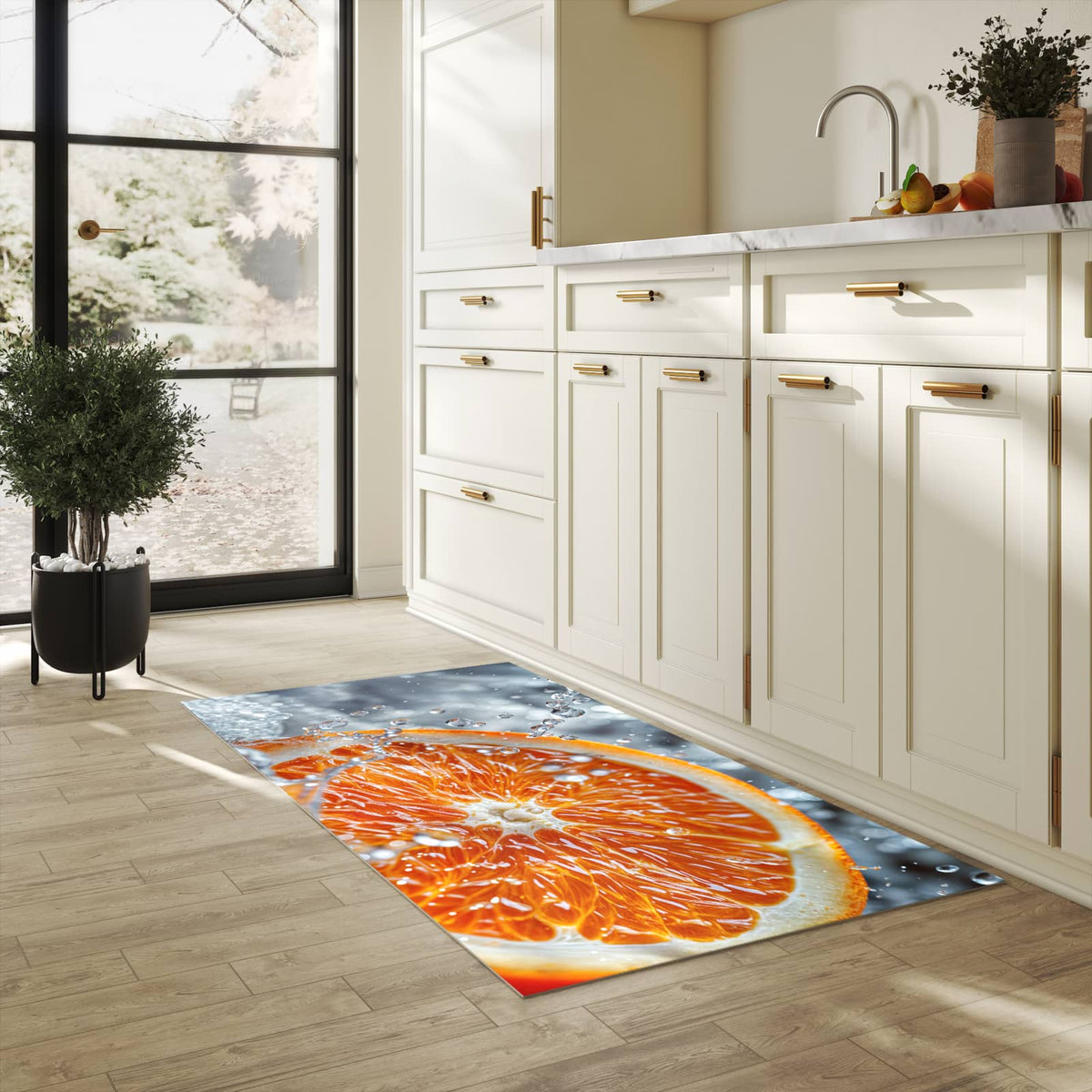 Waschbarer Küchenteppich mit Motiv Orangenscheibe Spritz in heller Küche schont den Boden
