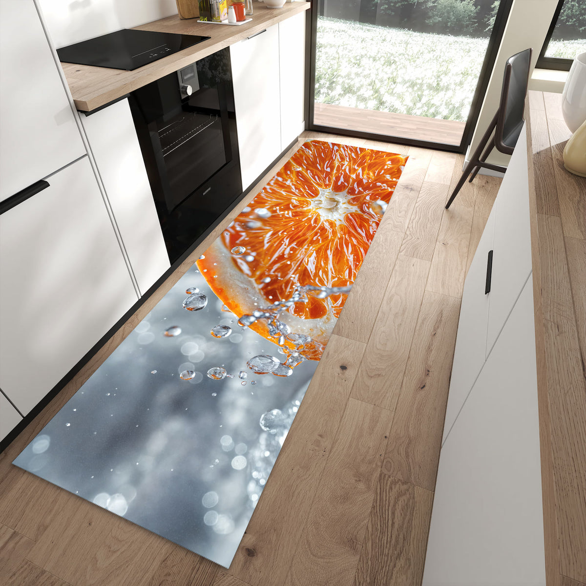 Sicherer Küchenläufer mit Motiv Orangenscheibe Spritz in moderner Küche