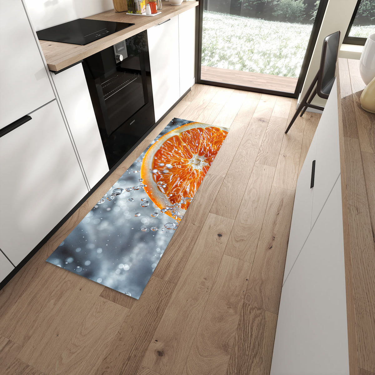 Rutschfester Küchenläufer mit Motiv Orangenscheibe Spritz in moderner Küche