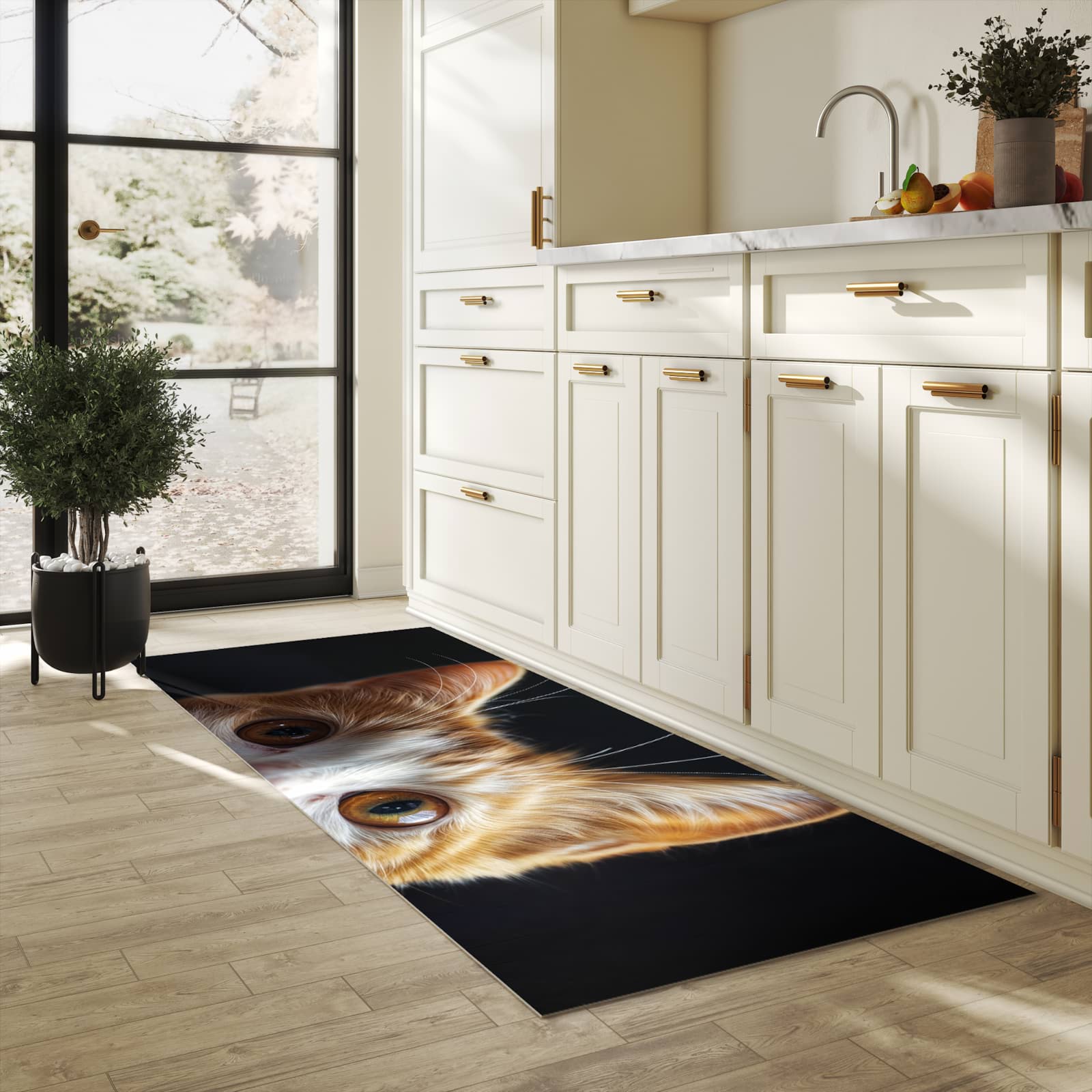 Flacher rutschfester Küchenteppich mit Motiv Sanfte Katzenaugen in heller Küche