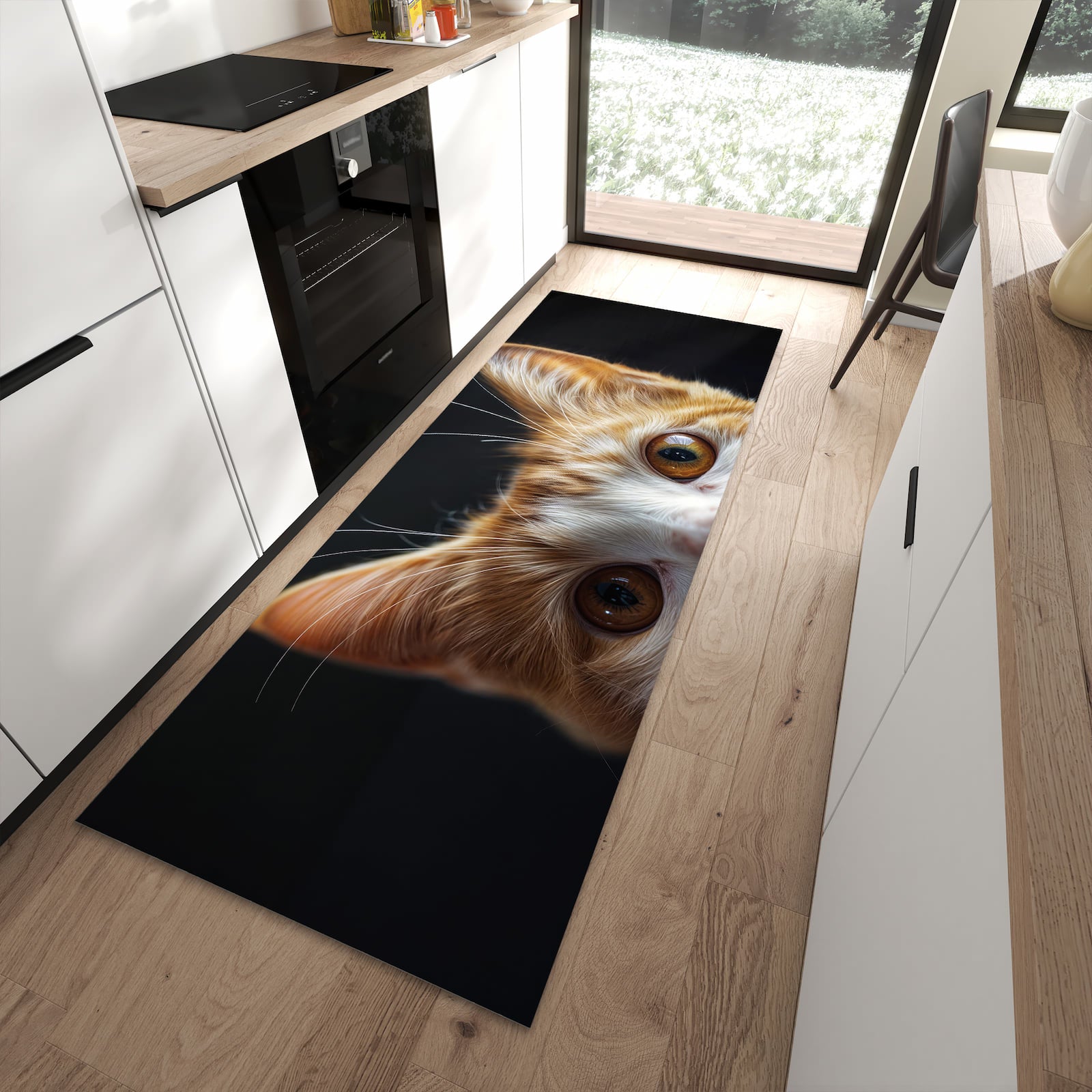Strapazierfähiger rutschfester Küchenteppich mit Motiv Sanfte Katzenaugen in moderner Küche