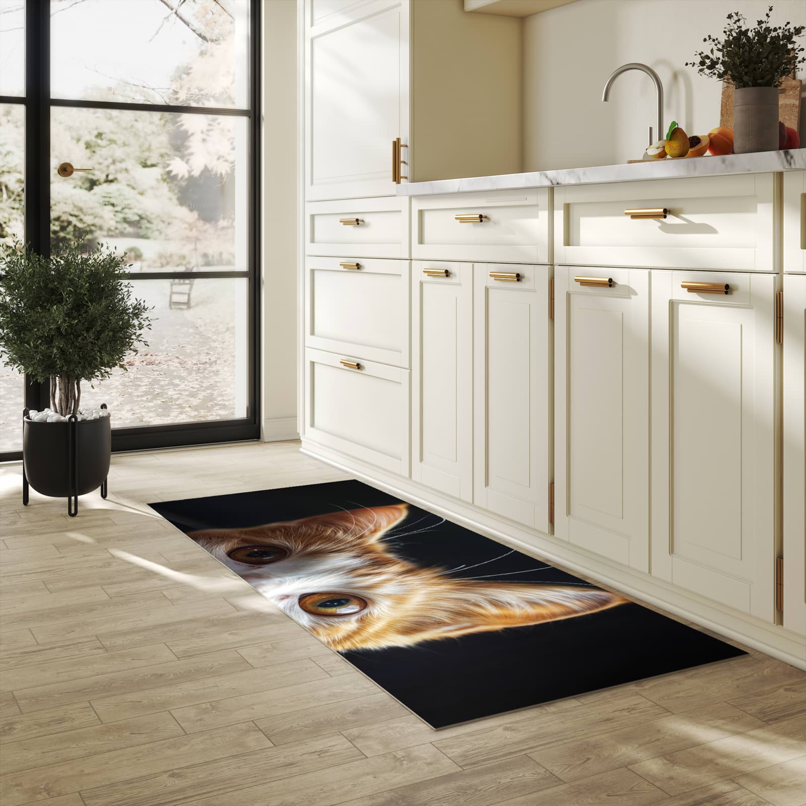 Wasserabweisender Küchenläufer mit Motiv Sanfte Katzenaugen in heller Küche