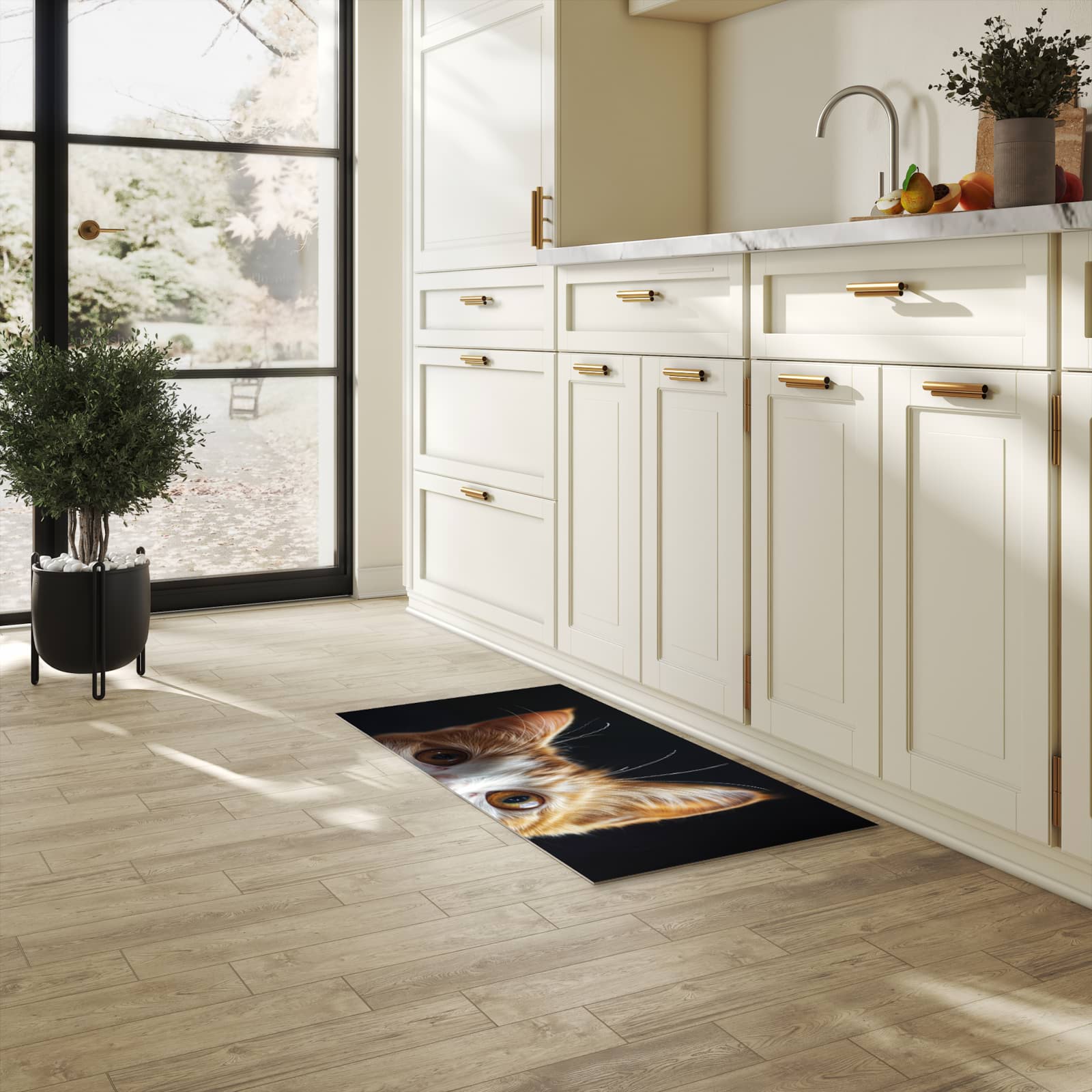 Formstabiler Küchenläufer mit Motiv Sanfte Katzenaugen in heller Küche