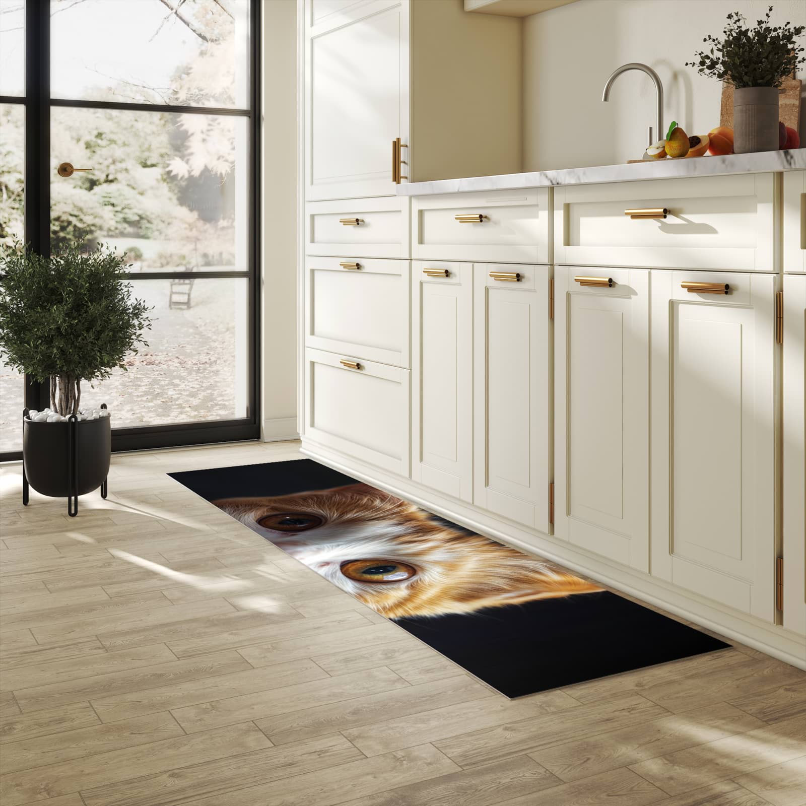 Geräuschdämpfender Küchenläufer mit Motiv Sanfte Katzenaugen in heller Küche