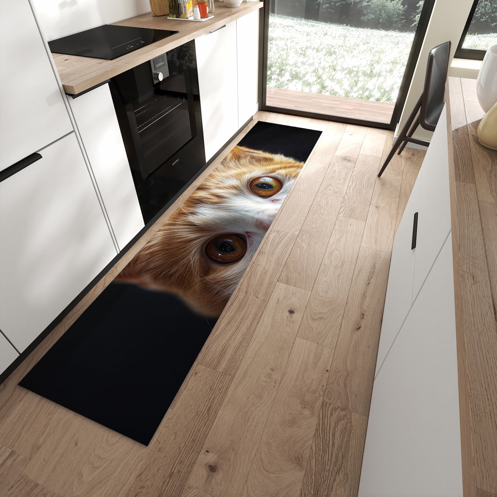 Langlebiger Küchenteppich mit Motiv Sanfte Katzenaugen in moderner Küche