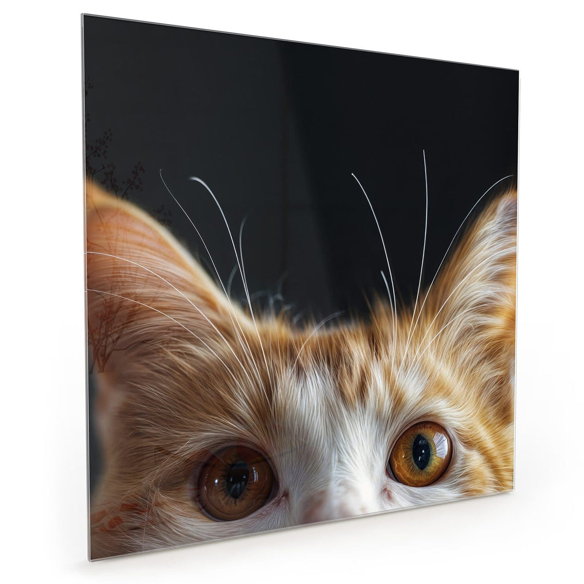 Küchenrückwand aus Glas im quadratischen Format: Rot-weiße Katze schaut von unten ins Bild, nur Ohren und große bernsteinfarbene Augen vor Schwarz