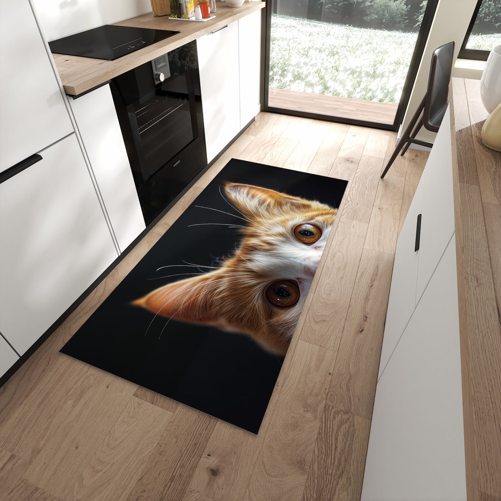 Hygienischer großer Küchenteppich mit Motiv Sanfte Katzenaugen in moderner Küche
