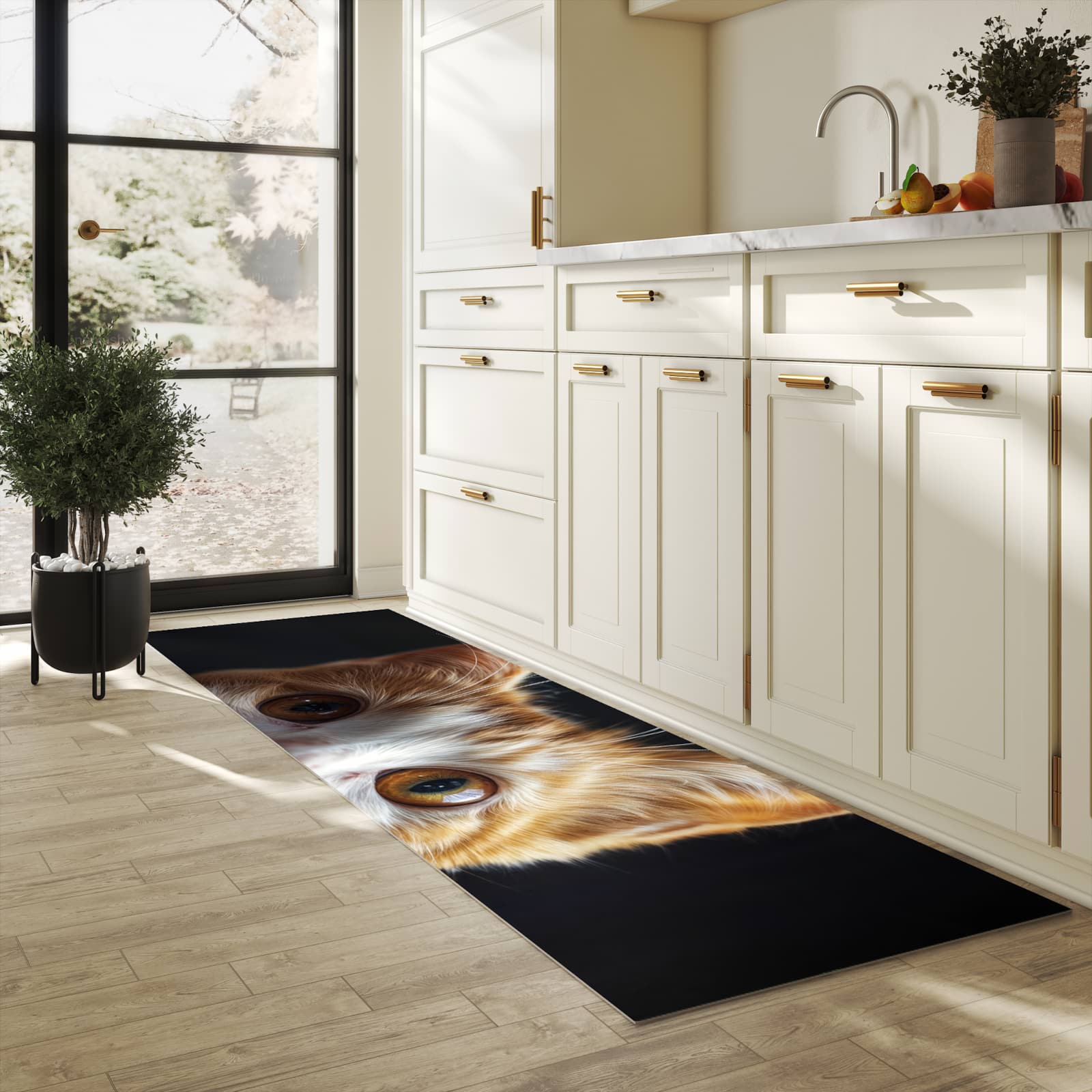 Schmutzabweisender Läufer mit Motiv Sanfte Katzenaugen für Eingangsbereich in heller Küche