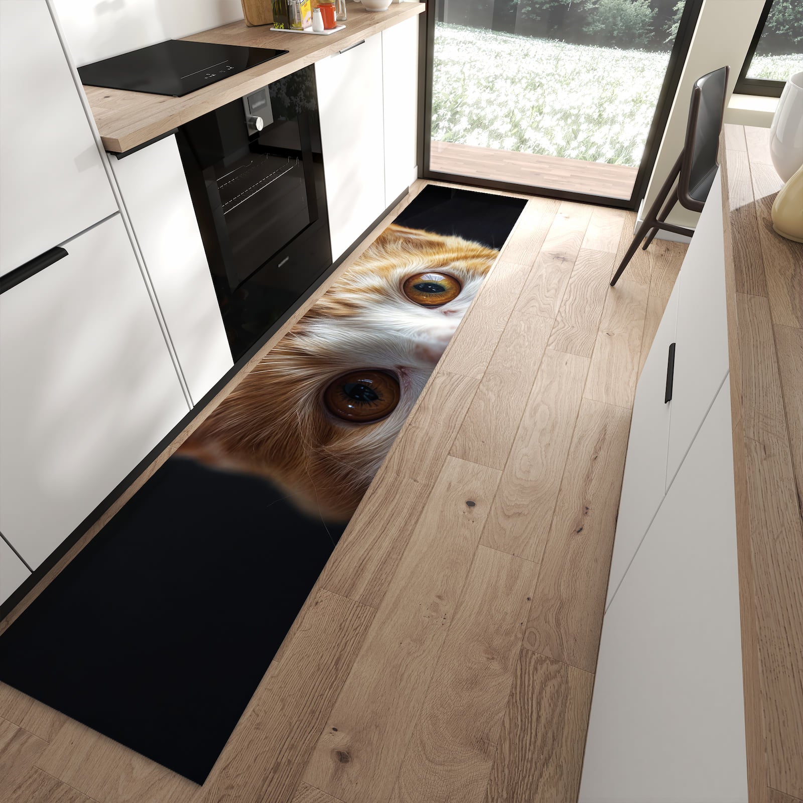Flacher Küchenteppich mit Motiv Sanfte Katzenaugen in moderner Küche - waschbar