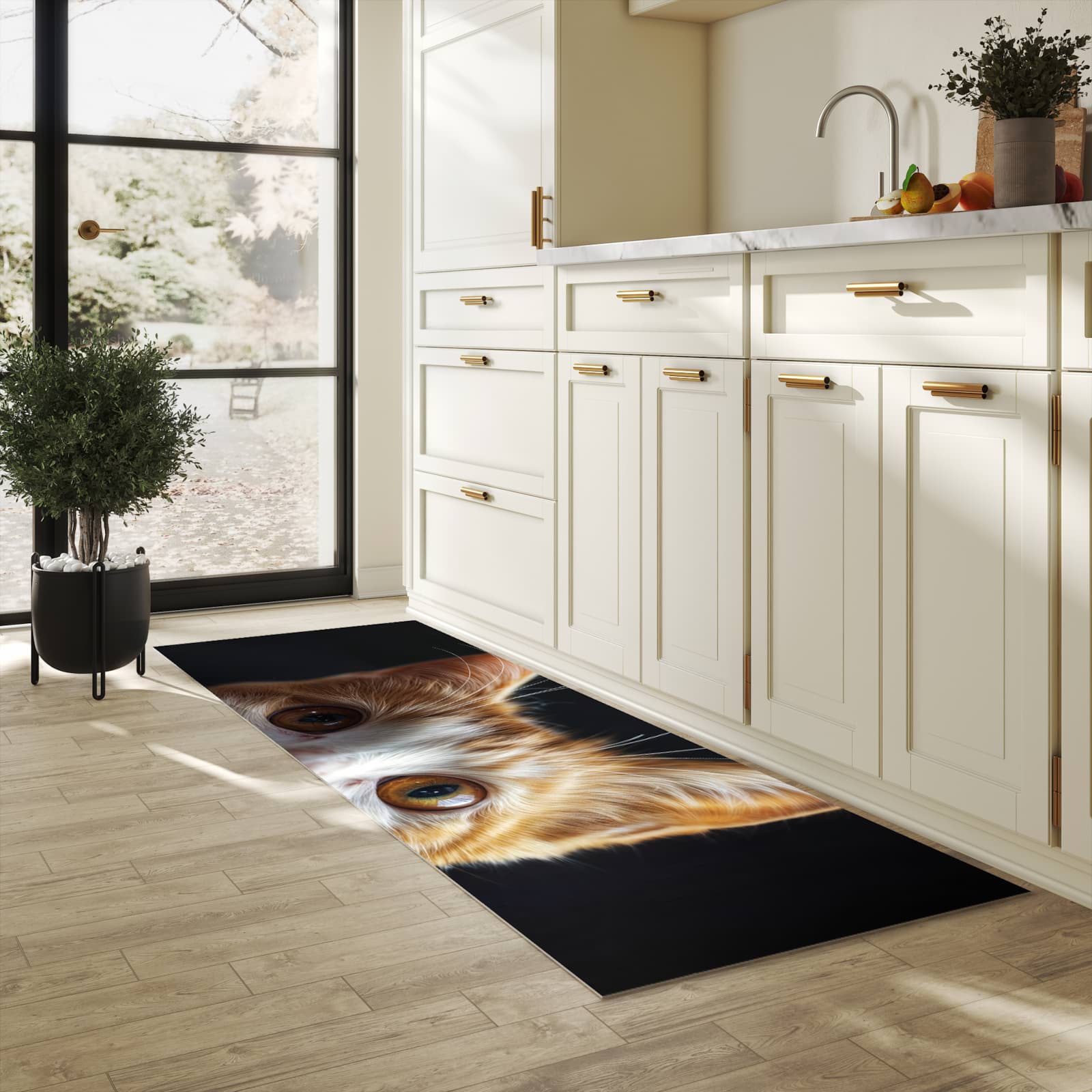 Fleckenresistenter langer Teppich mit Motiv Sanfte Katzenaugen in heller Küche