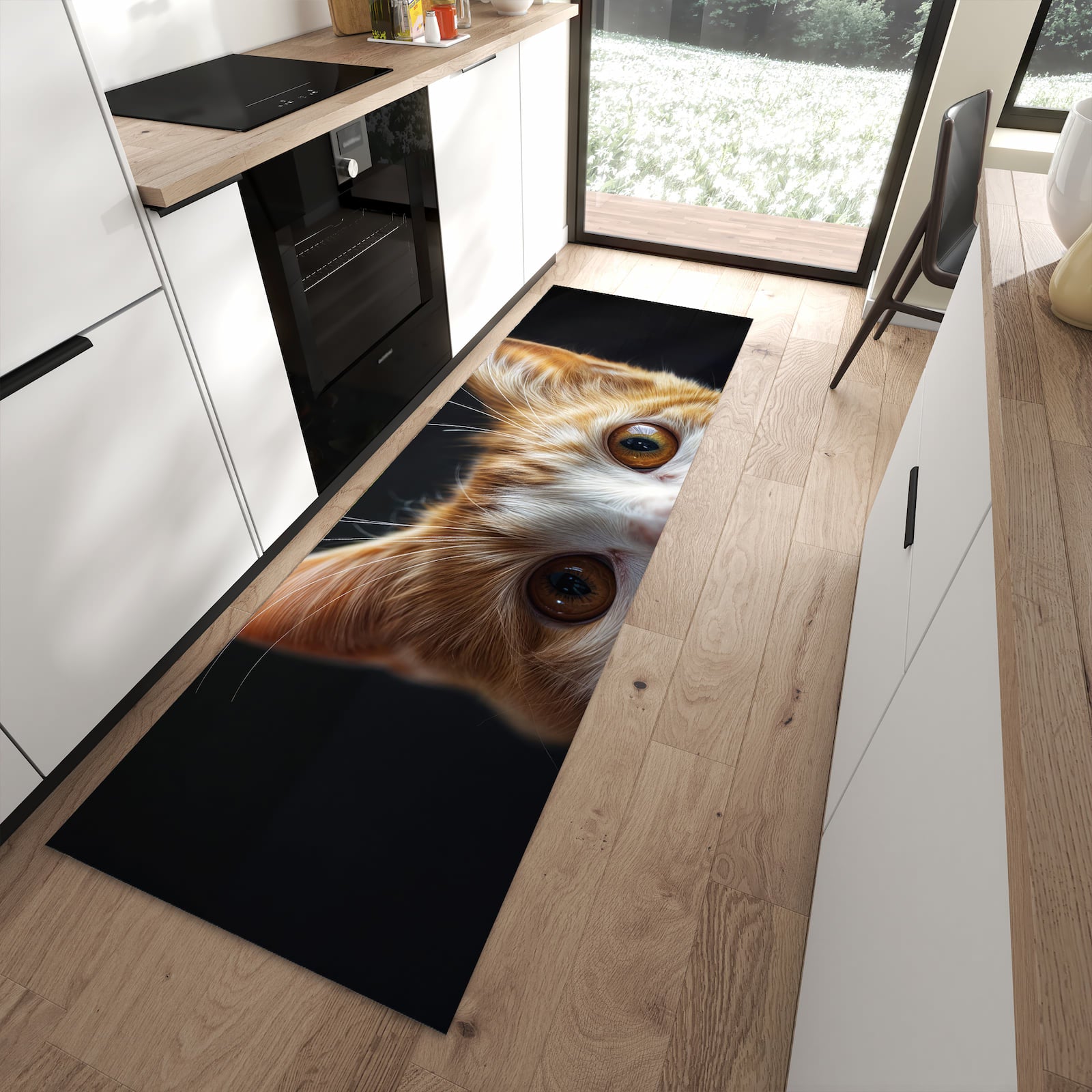 Rutschfester Küchenteppich mit Motiv Sanfte Katzenaugen in moderner Küche