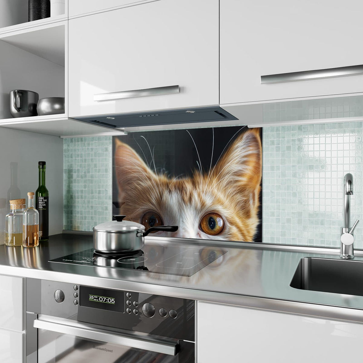 Küchenrückwand aus Glas Katze mit Bernsteinaugen im Hochformat als Spritzschutz hinter dem Kochfeld, über dem Fliesenspiegel montiert