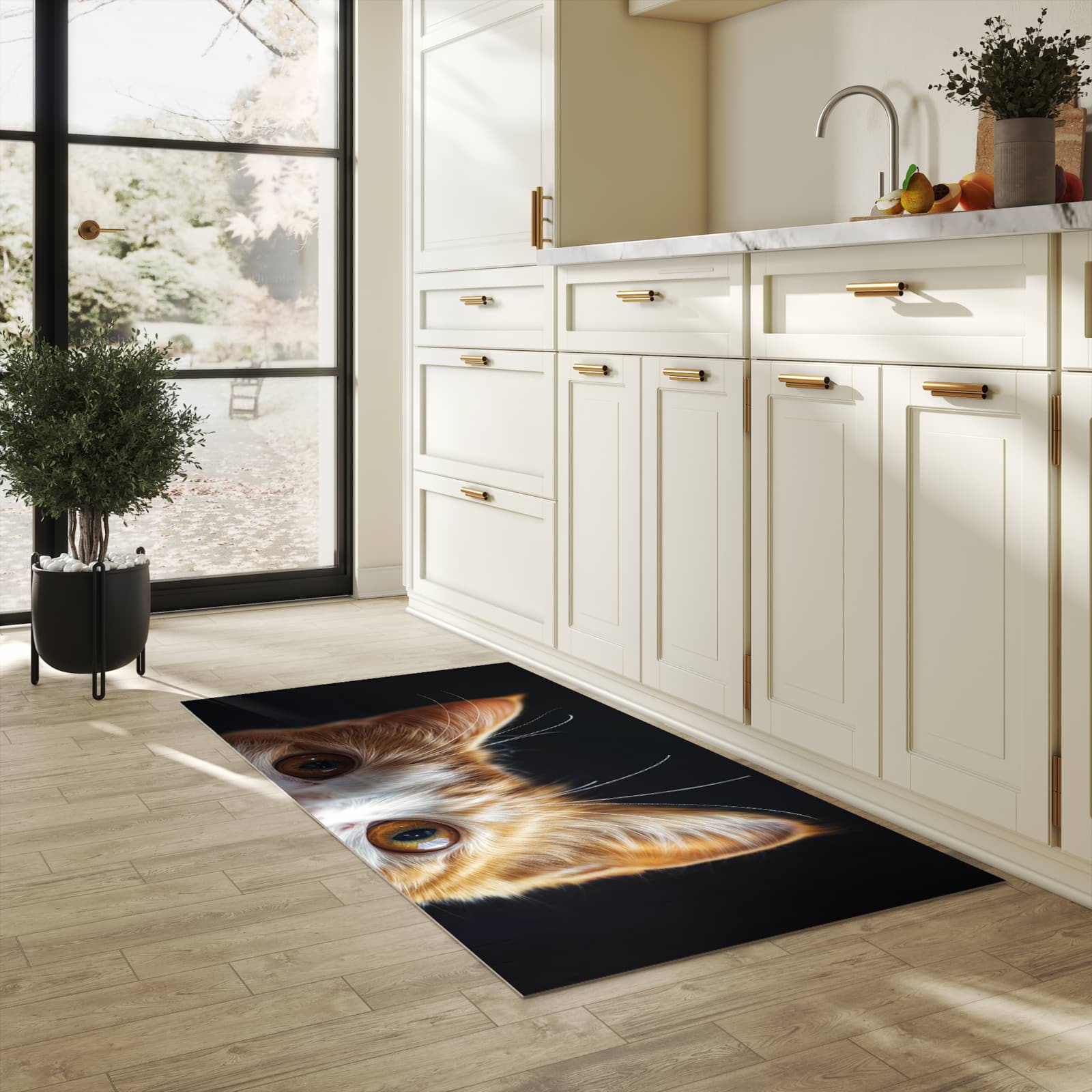 Langlebiger dünner Küchenteppich mit Motiv Sanfte Katzenaugen in heller Küche