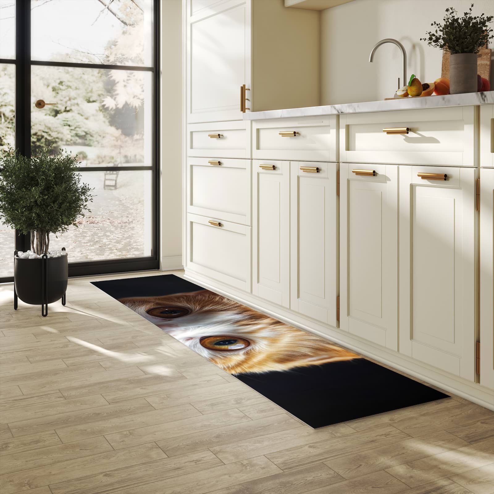 Abriebfester Küchenläufer mit Motiv Sanfte Katzenaugen in heller Küche
