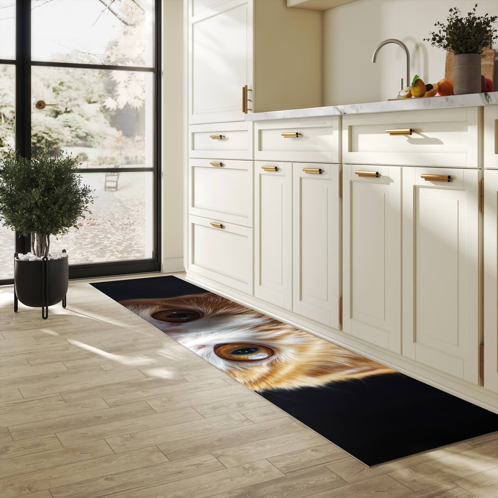 UV-beständiger Teppichläufer mit Motiv Sanfte Katzenaugen in heller Küche