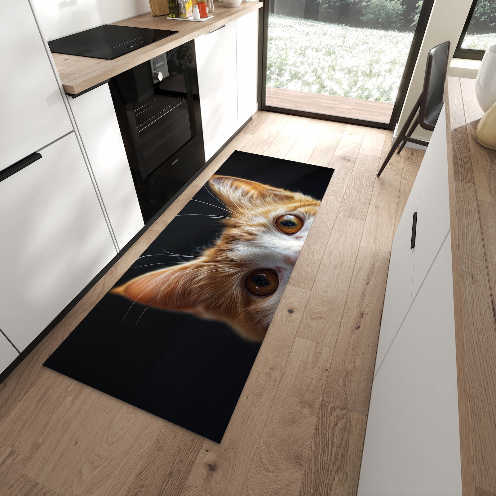 Komfortabler rutschfester Küchenteppich mit Motiv Sanfte Katzenaugen in moderner Küche