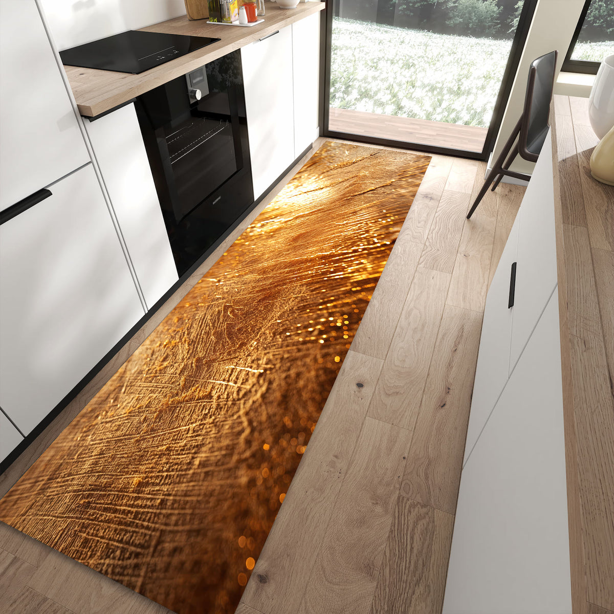 Abriebfester Küchenteppich mit Motiv Goldene Textur in moderner Küche